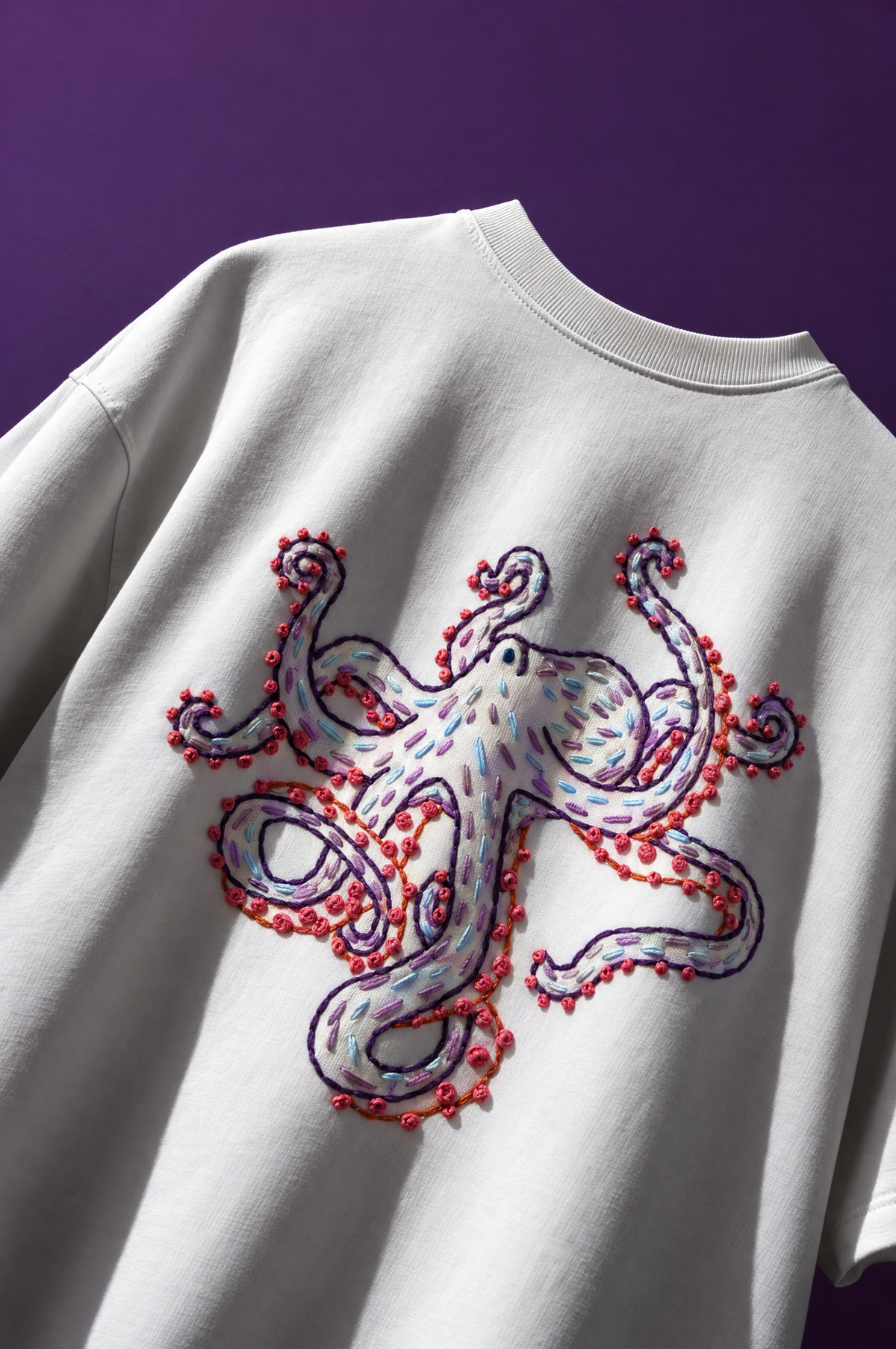 White oversized tee with hand-embroidered octopus back design, angled view