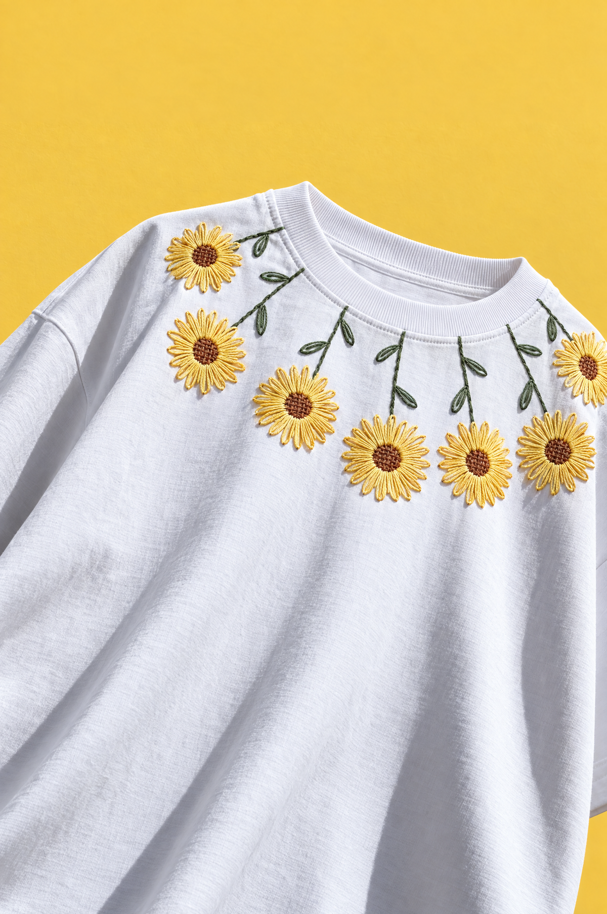 Angled view of the white sunflower neckline embroidered t-shirt