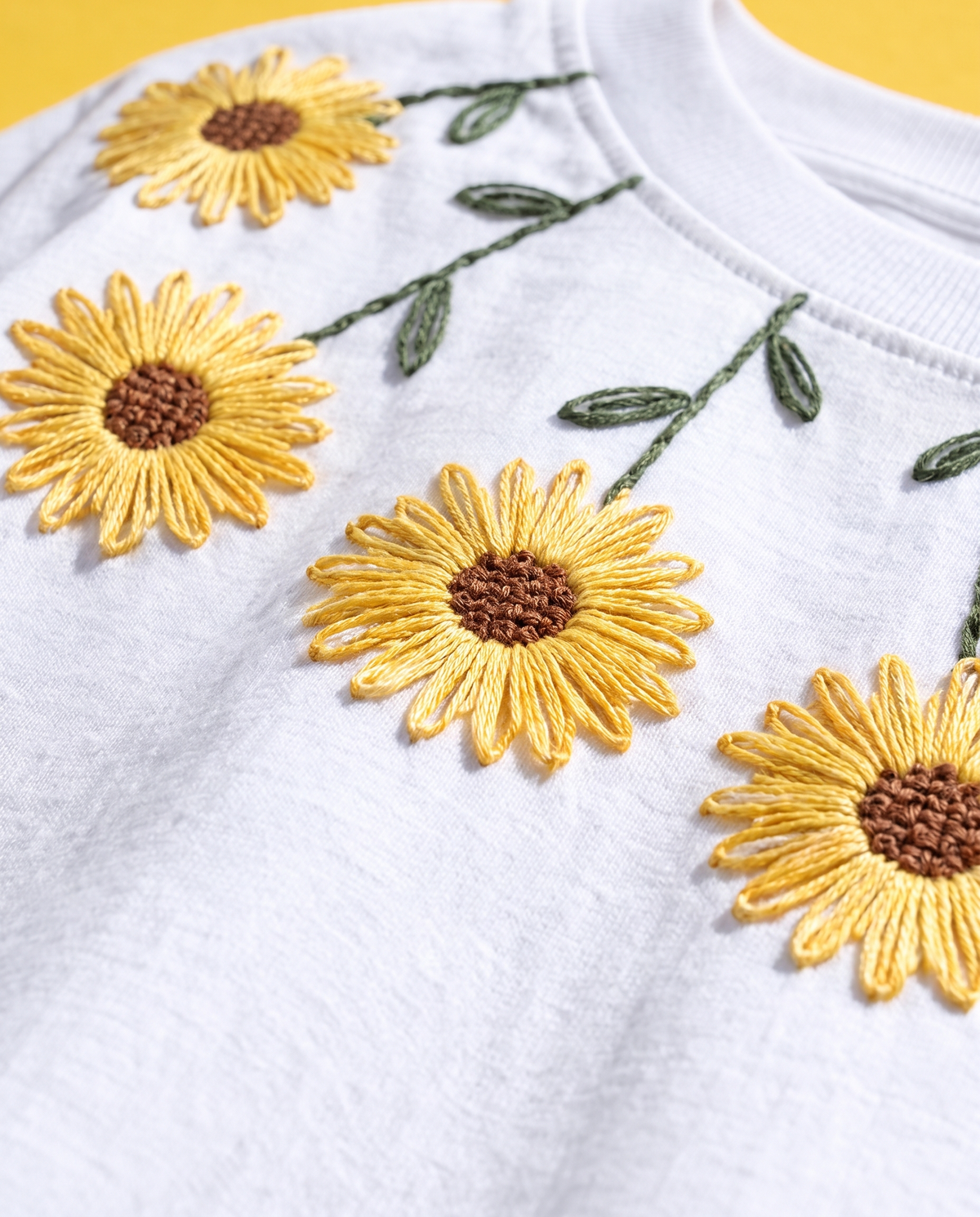 Close-up of hand-stitched sunflowers with olive stem-stitch stems and looped leaves on white cotton