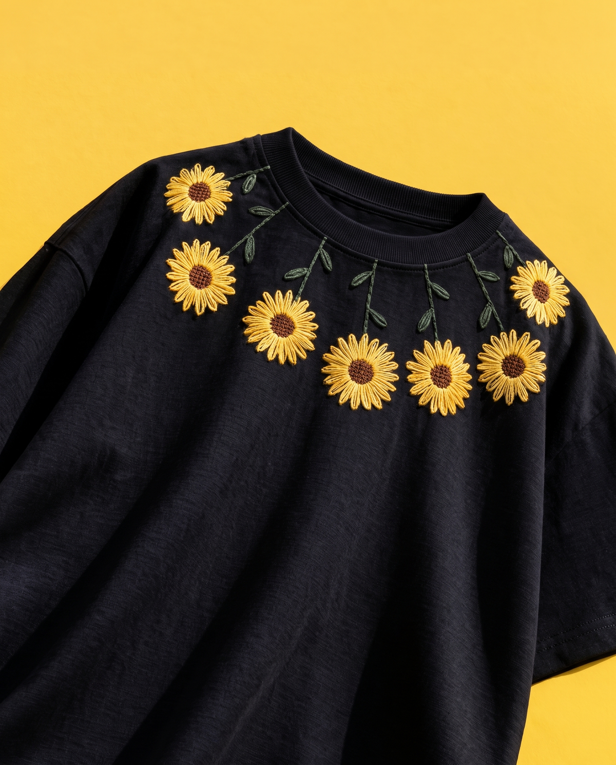 Black oversized t-shirt with hand-embroidered sunflower neckline, front view