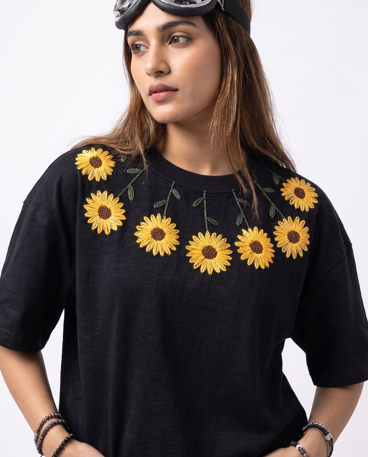 Sunflower Necklace Hand-Embroidered Oversized T-Shirt