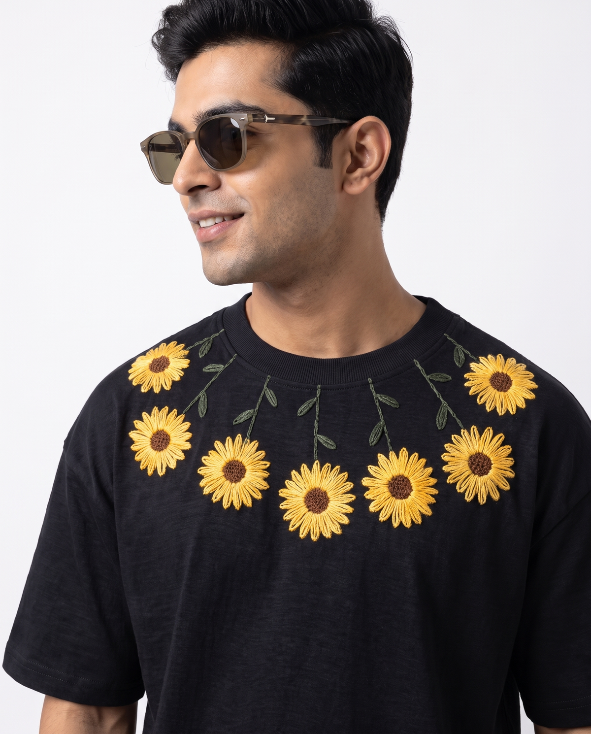 Sunflower Necklace Hand-Embroidered Oversized T-Shirt