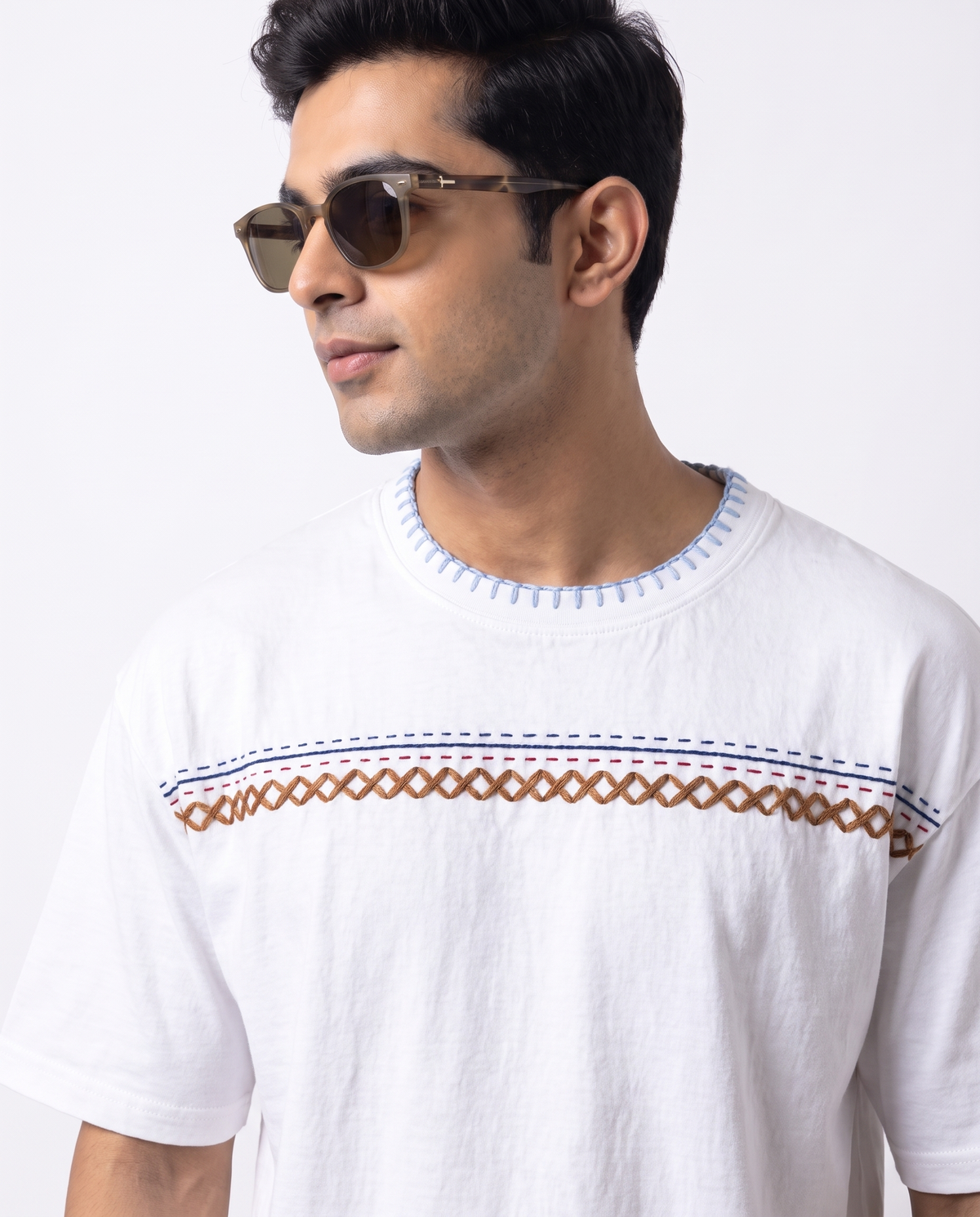 Taanka Kantha Hand-Embroidered Oversized T-Shirt, White