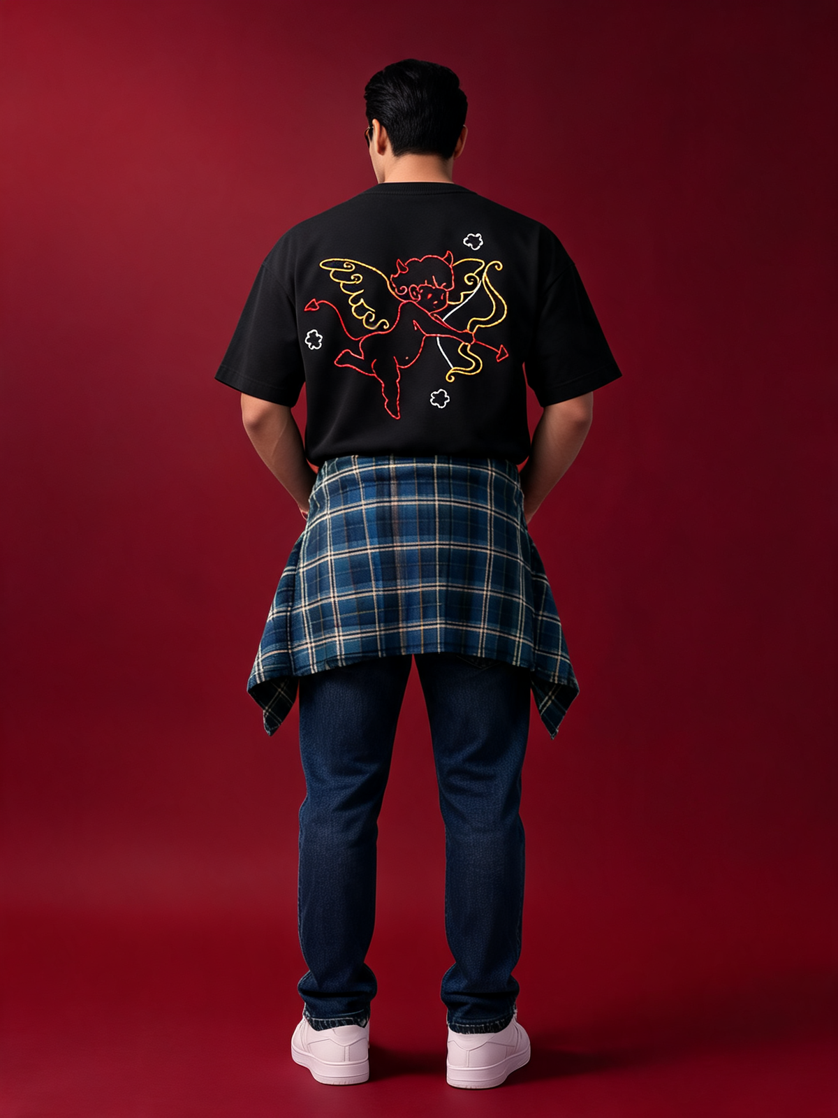 Devil Cupid Hand-Embroidered Oversized T-Shirt, Black