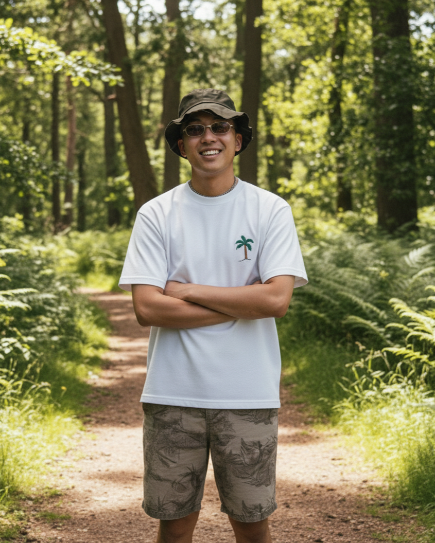 men wearing a hand embroidered tshirt