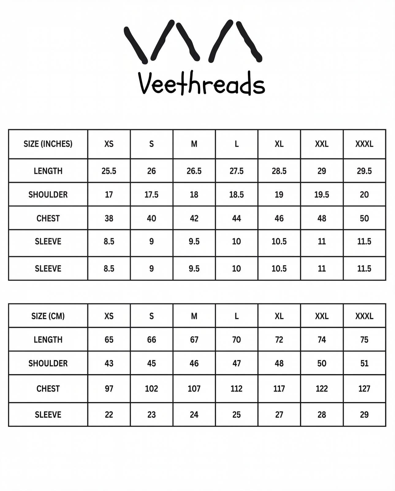 Size chart for oversized tshirt