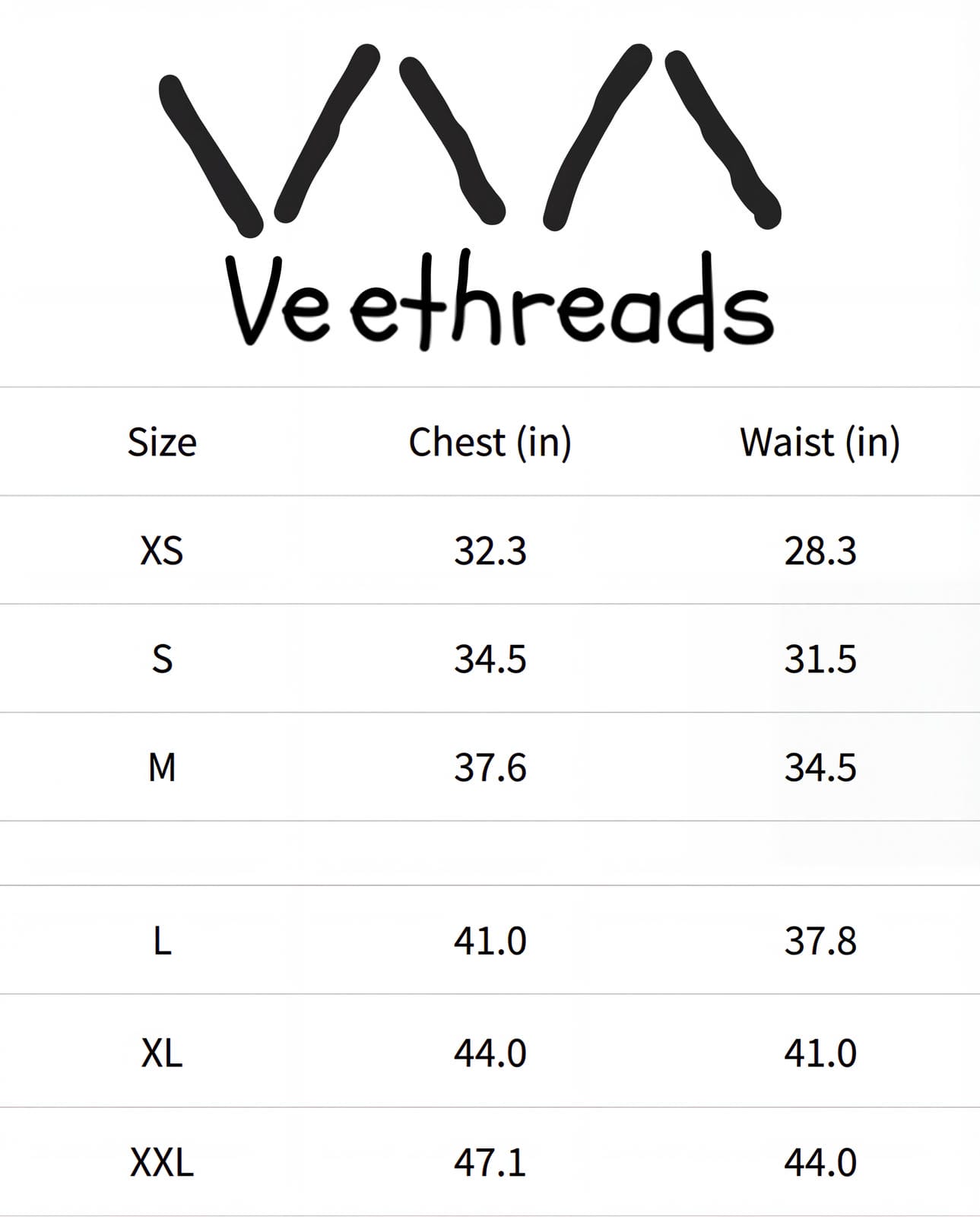 Size chart for Veethreads clothing with chest and waist measurements.