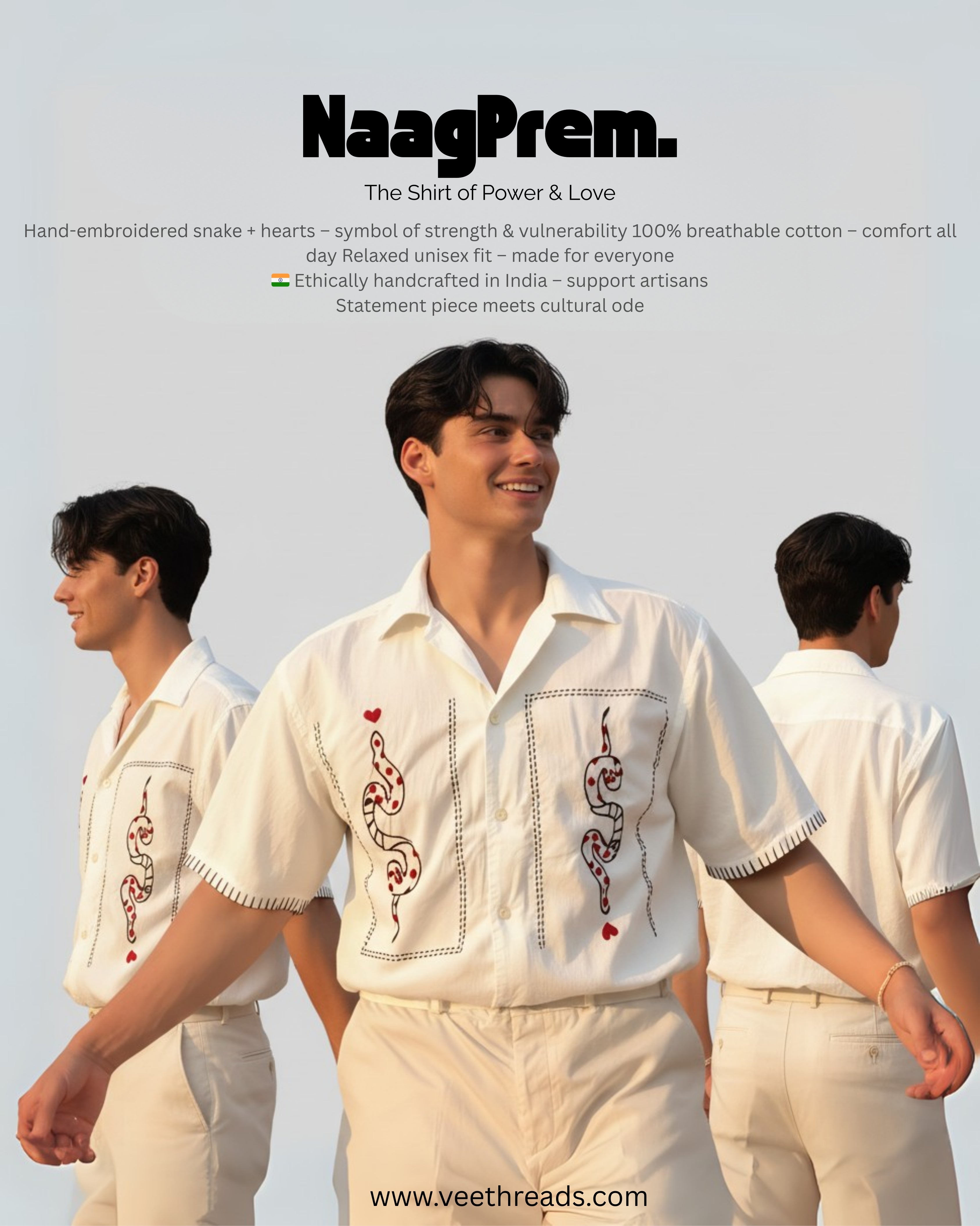 Three men wearing embroidered white shirts with a snake design on a light background, featuring the brand 'NaagPrem'.