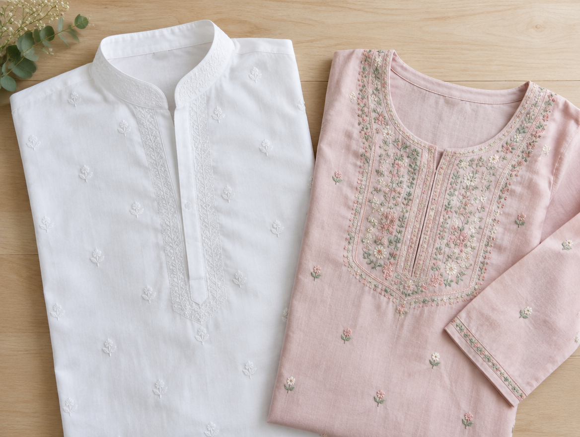 White men's kurta with tone on tone neckline embroidery beside a pastel women's kurta with embroidered yoke