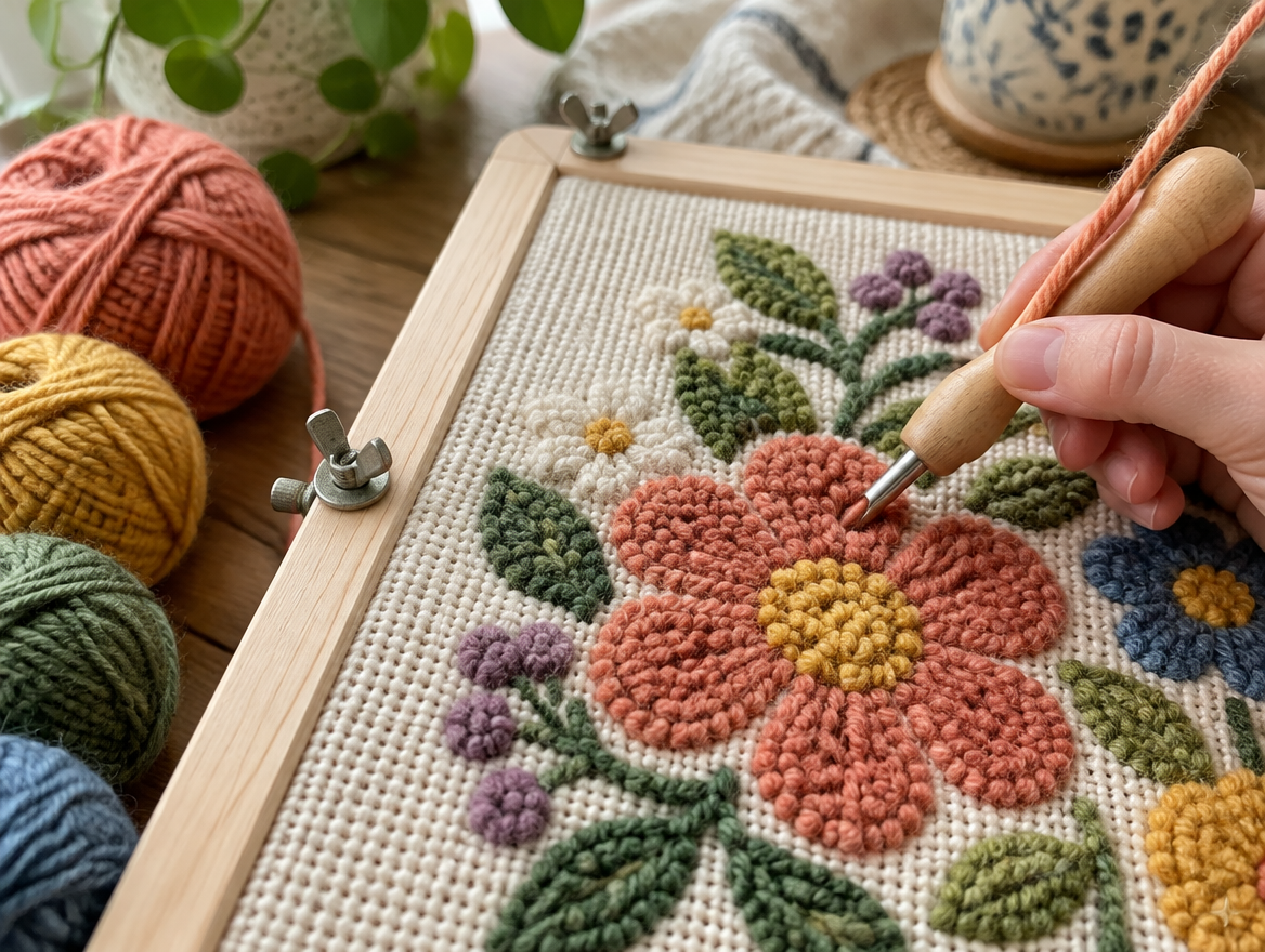 Punch needle tool pushing yarn through monk's cloth to form looped flower embroidery