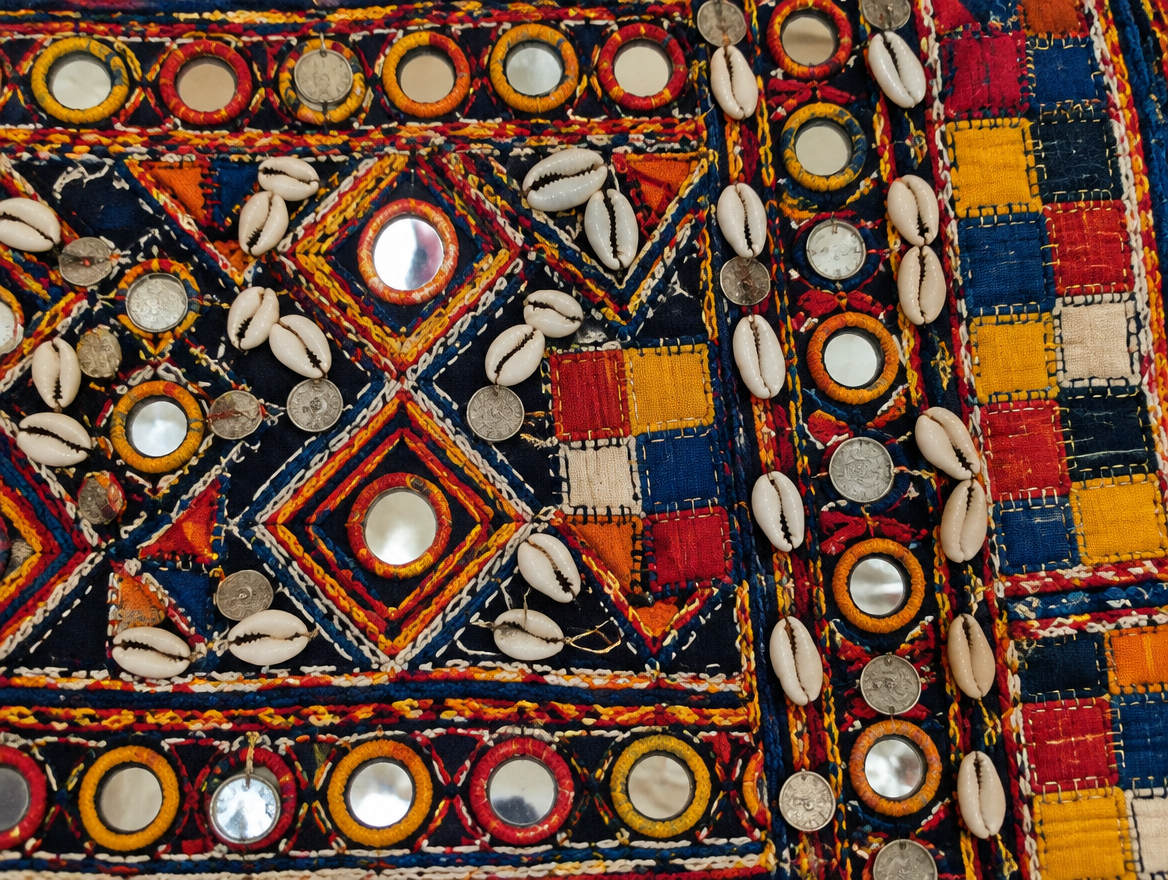 Lambani embroidery with geometric stitching, mirrors, cowrie shells and patchwork on dark cotton