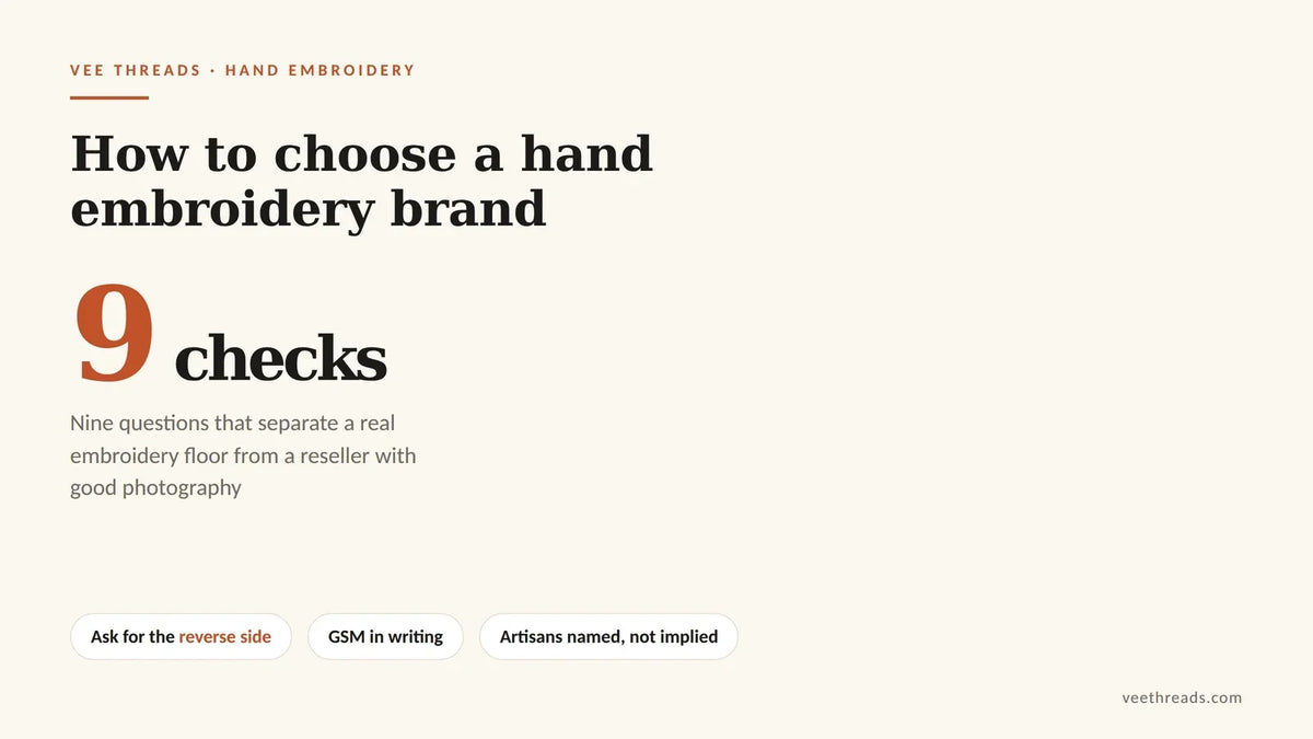 Infographic showing nine checks for choosing a hand embroidery brand including reverse-side photos, GSM disclosure and named artisans