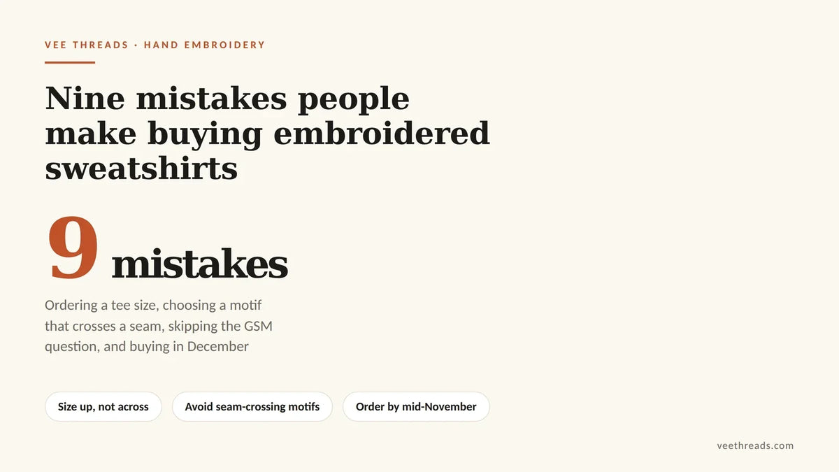 Infographic listing nine mistakes people make when buying hand embroidered sweatshirts