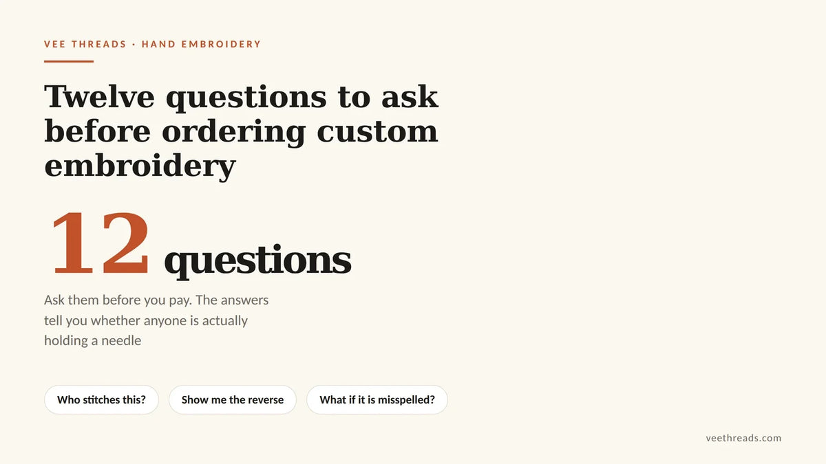 Infographic listing twelve questions to ask before ordering custom embroidery