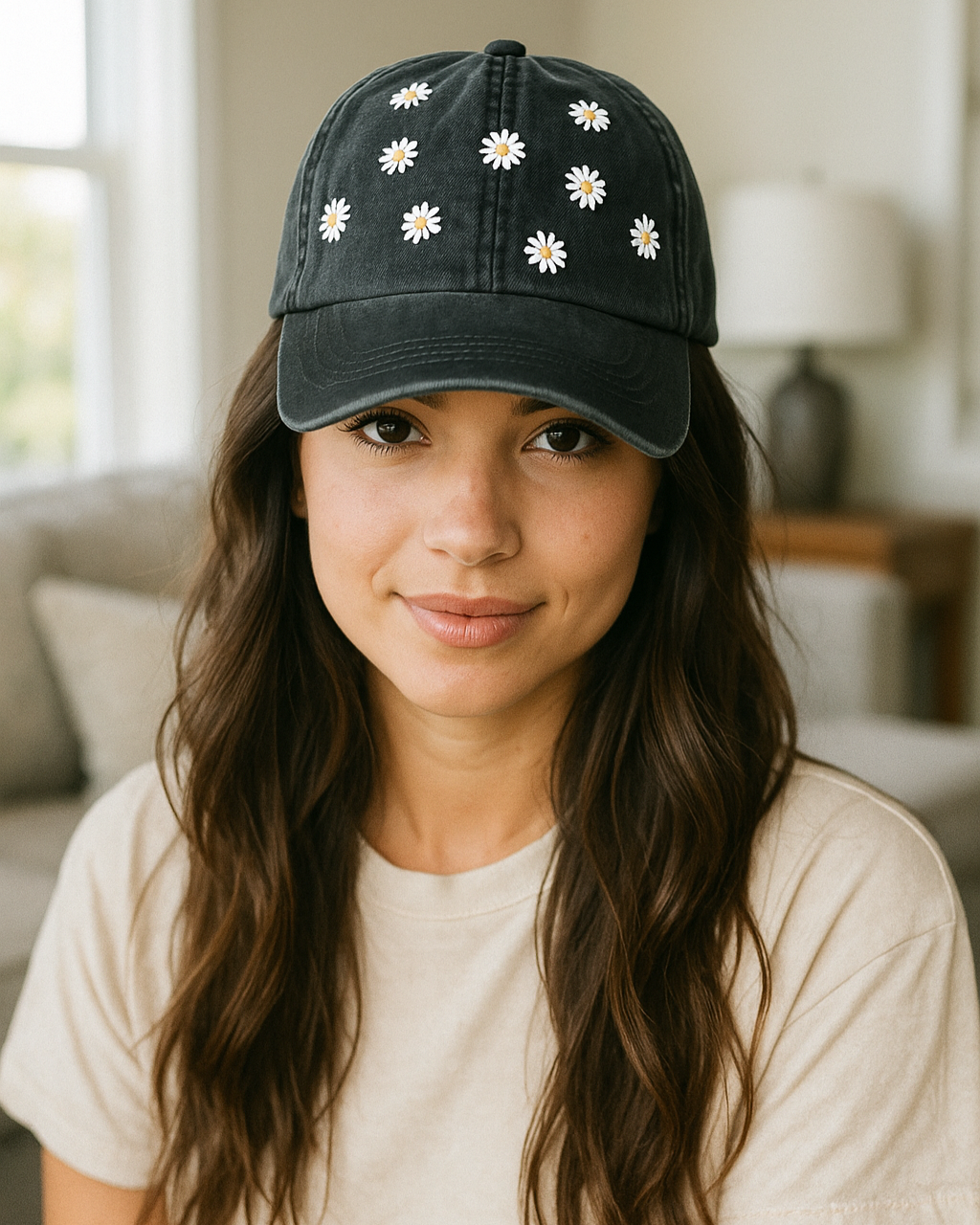 Woman wearing a black cap with white daisy  floral embroidery in a casual indoor setting