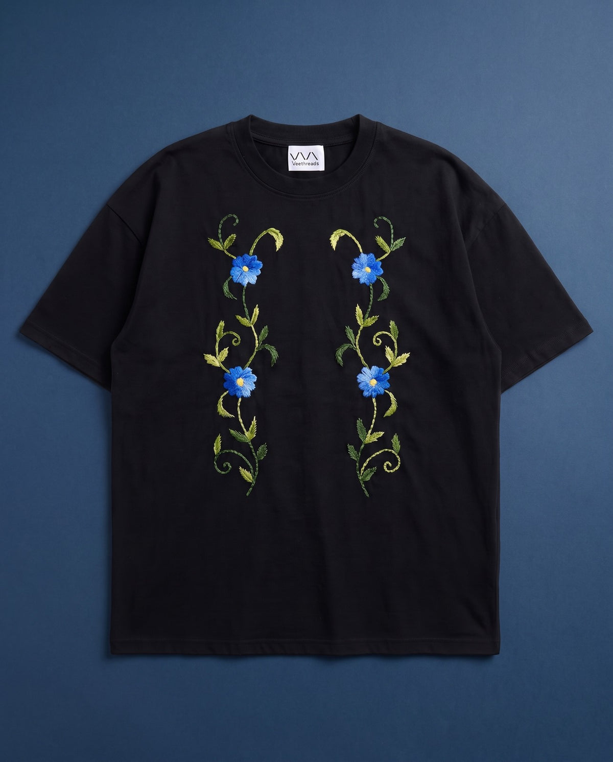 Neelbel Hand-Embroidered Blue Floral Oversized T-Shirt, Black