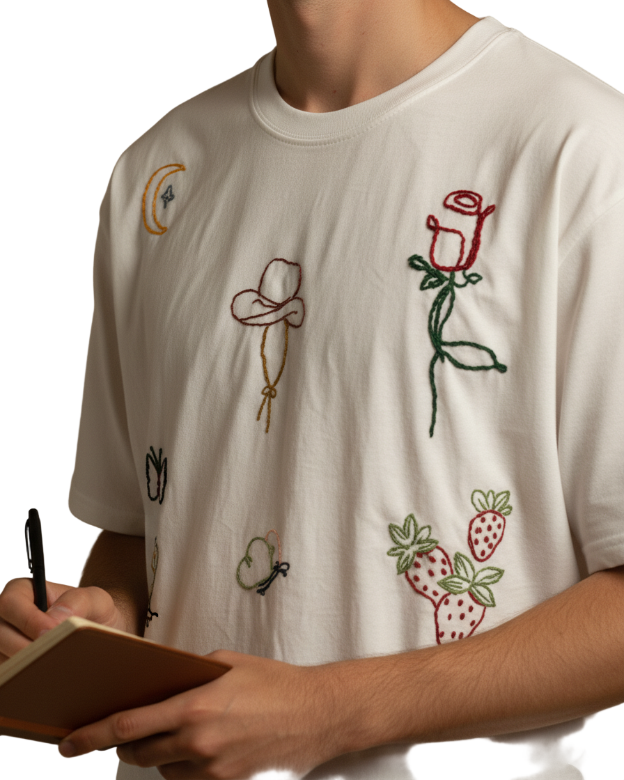 Person wearing a white t-shirt with embroidered designs, holding a notebook.