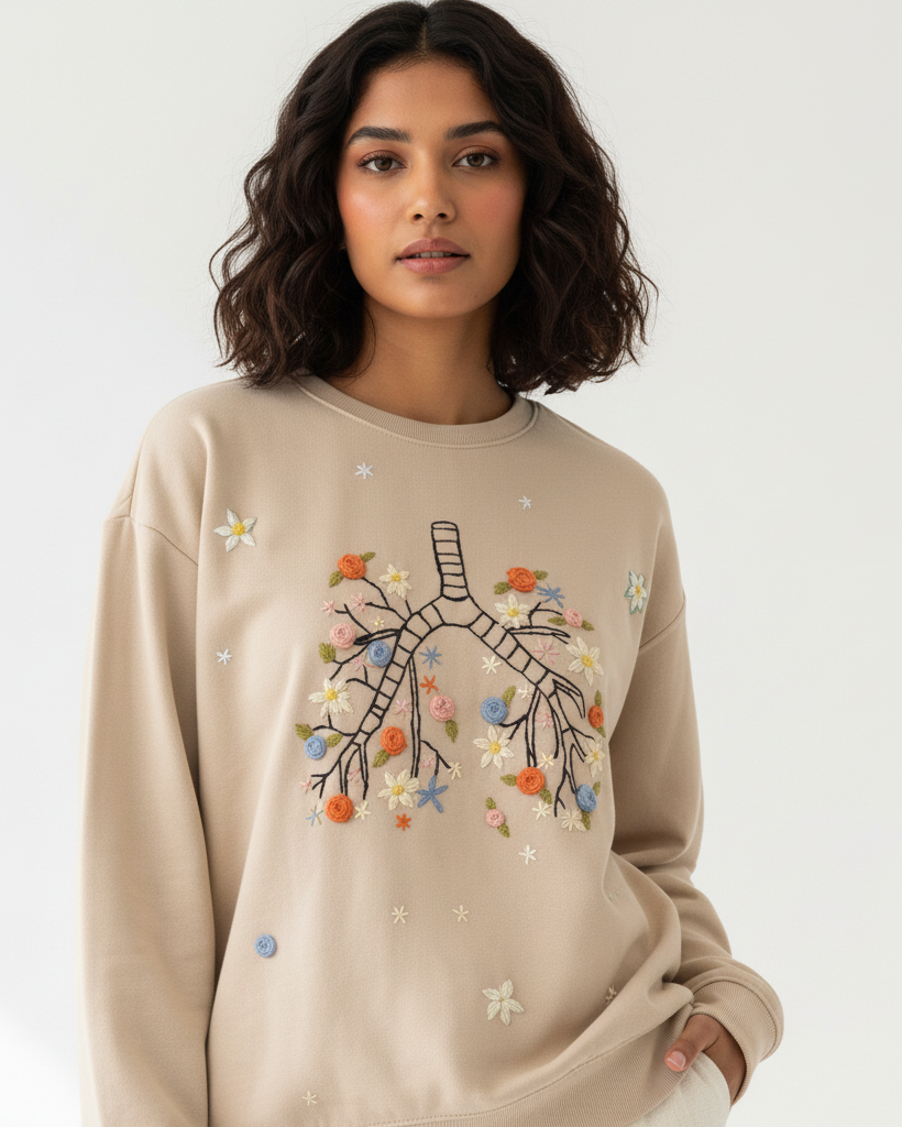 Woman wearing a beige sweatshirt with floral and branch design on a white background