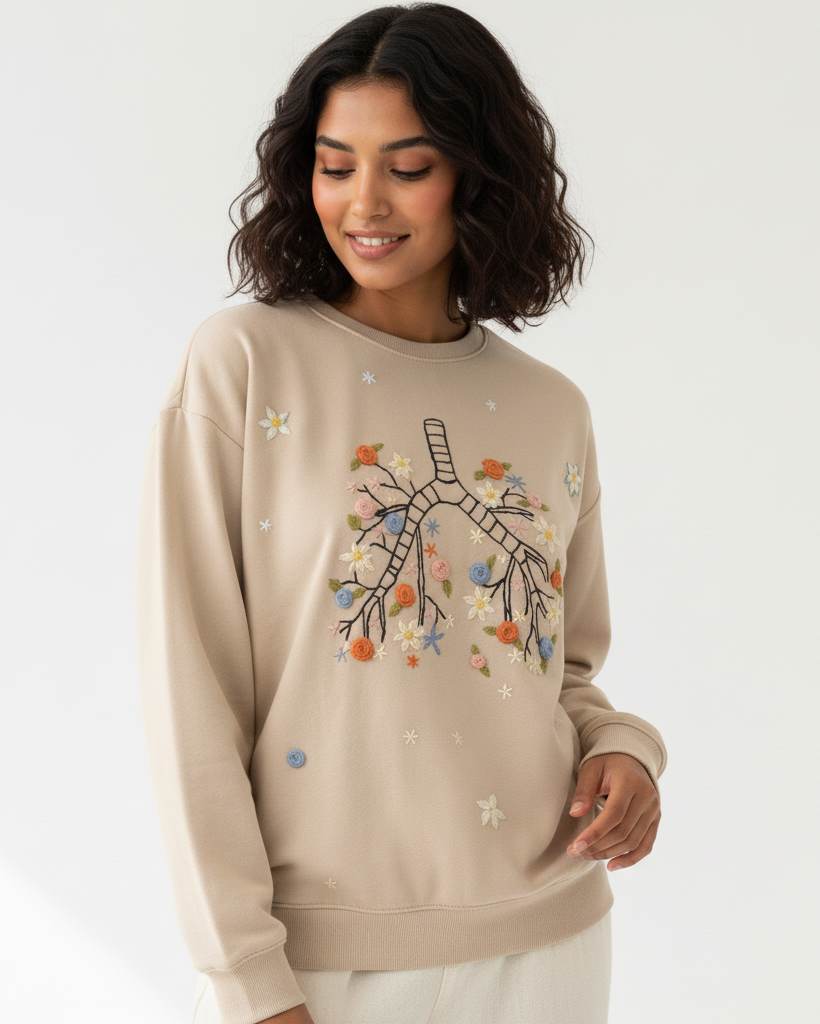 Woman wearing a beige sweatshirt with floral and star design on a white background