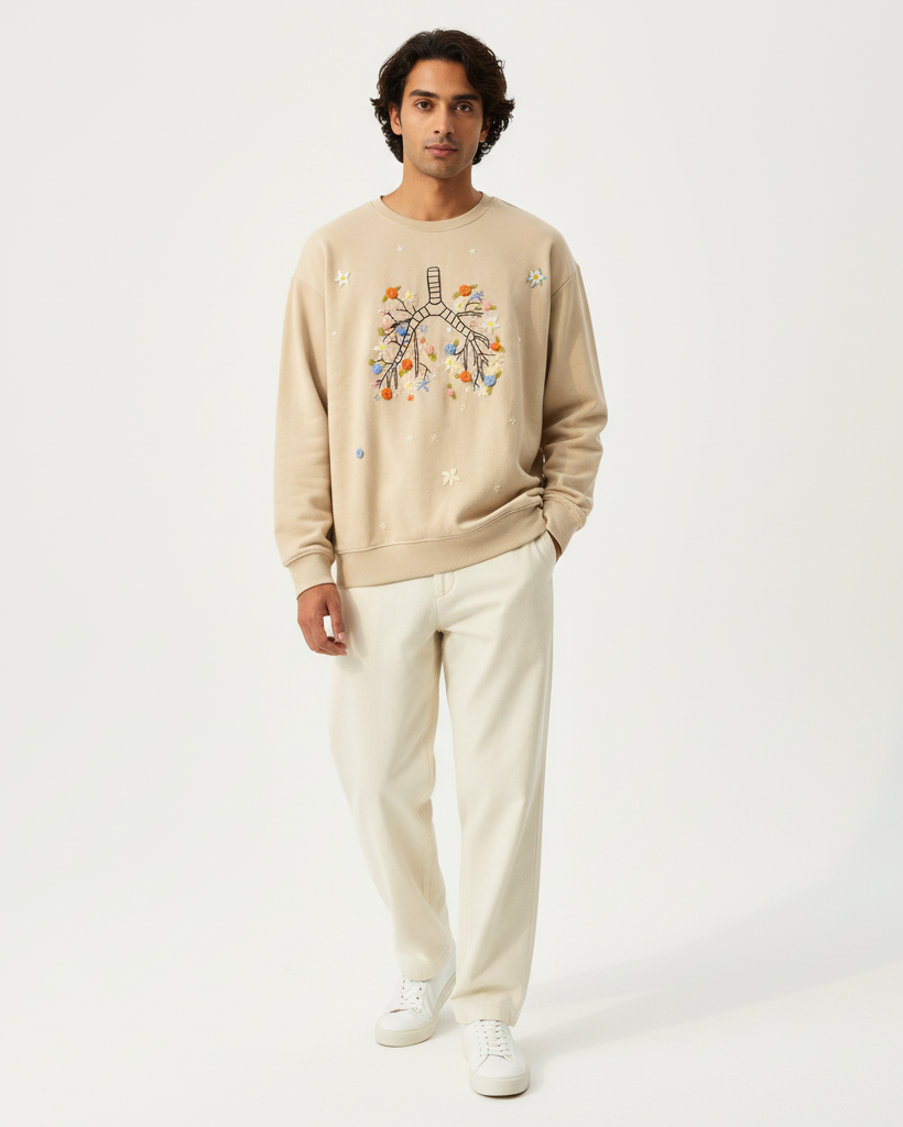 Man wearing a beige sweater with a colorful design and white pants on a white background