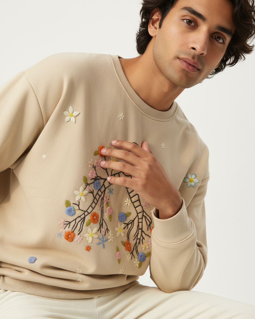 Man wearing a beige sweatshirt with floral embroidery on a white background