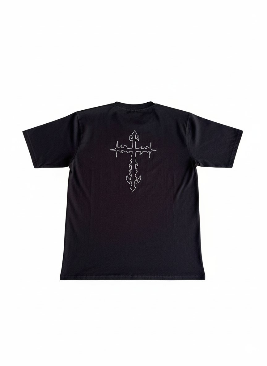 Black t-shirt with white graphic embroidered  design on the back against a white background