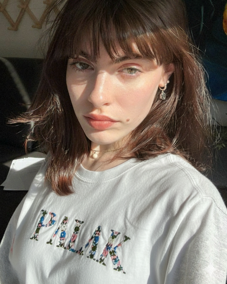 Person wearing a white t-shirt with colorful customised name , standing against a wall with decorative elements.
