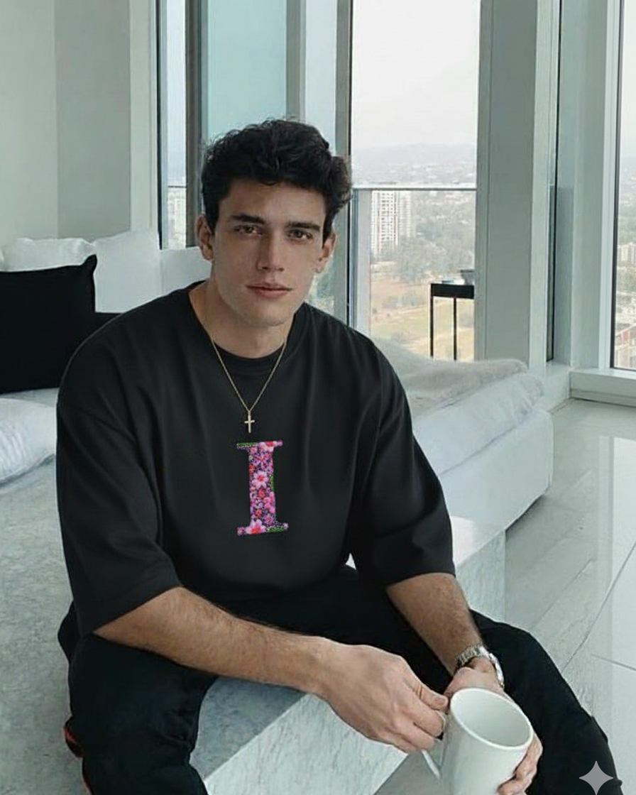 Man sitting on a couch wearing a hand embroidered custom tshirt holding a mug in a modern living room with large windows.