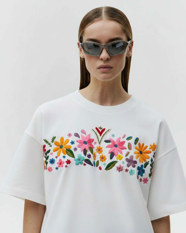 Person wearing a white t-shirt with colorful floral embroidered design on a plain background