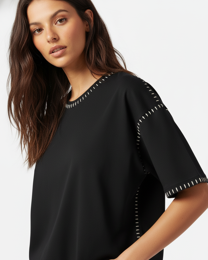 Woman wearing a black top with white stitching hand embroidered on a white background