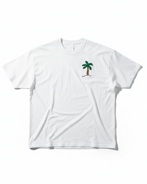 flatlay of palm tree hand embroidered oversized t-shirt 220 gsm cotton