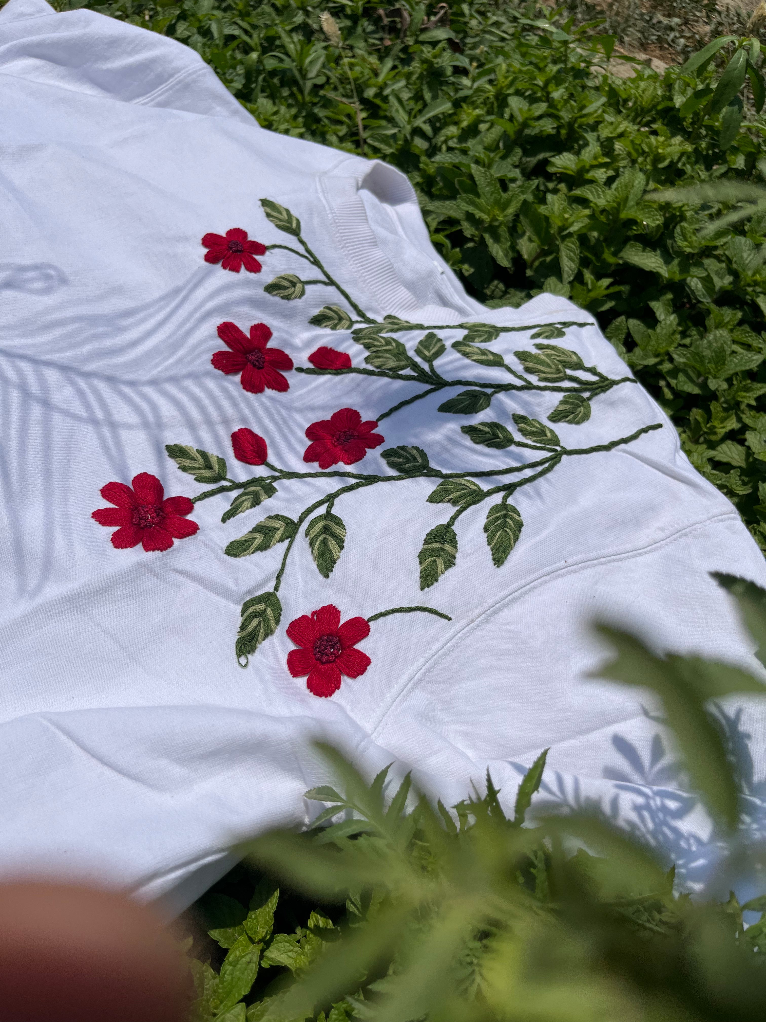 Scarlet Petal and Leaves hand embroidered T-shirt (Unisex)