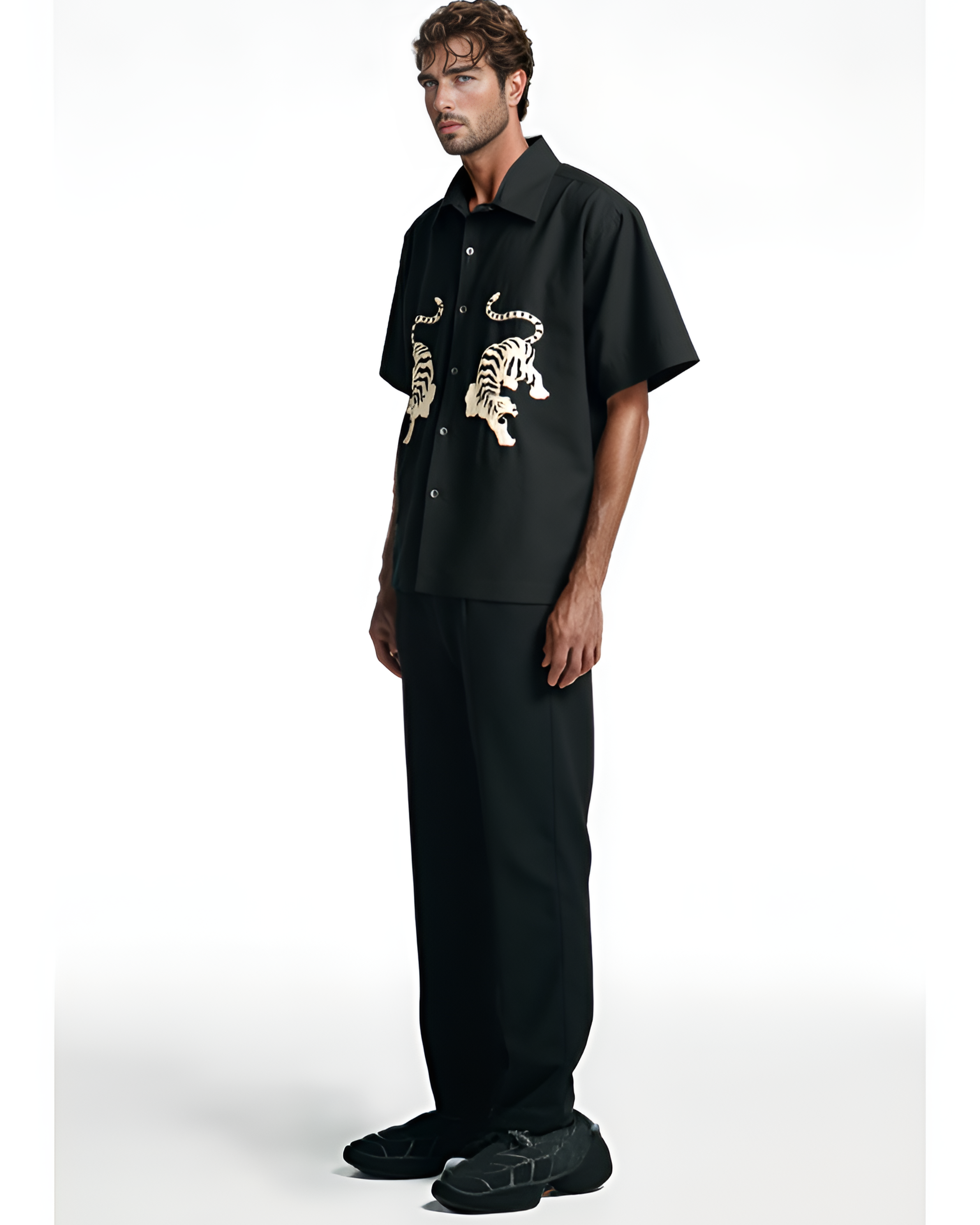 ust brown hand-embroidered men's shirt with Royal Bengal tiger design – sustainable artisan-made shirt styled with white pants, perfect for modern ethical fashion lovers.