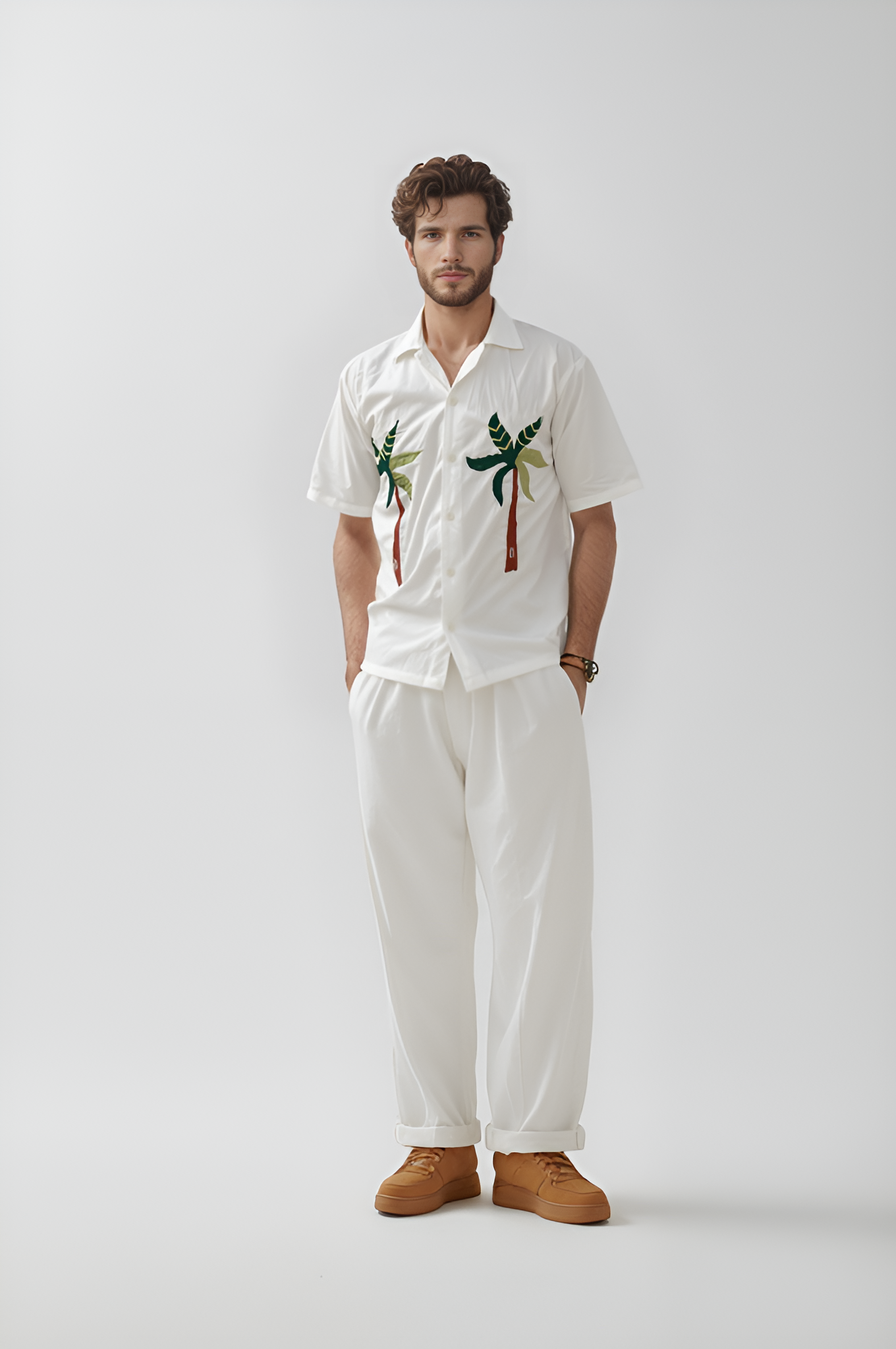 model wearing hand embroidered shirt