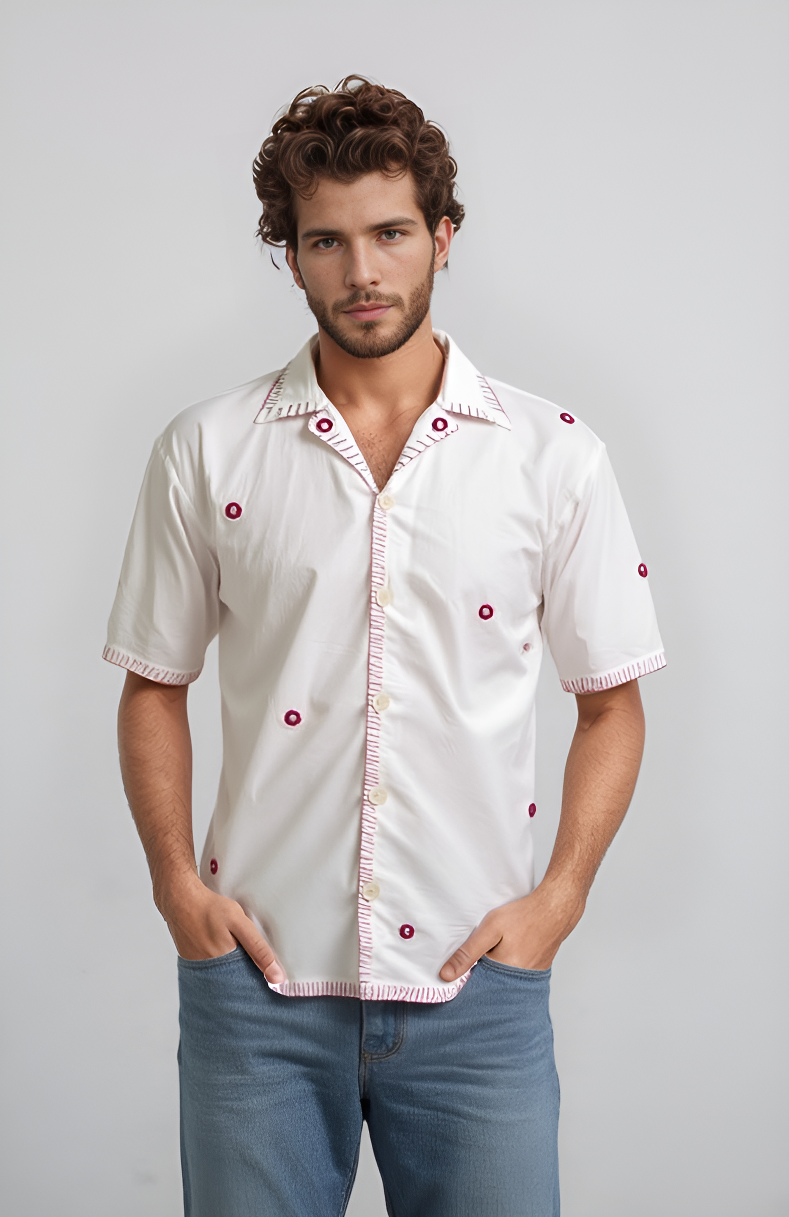 brought to life through hand-stitched mirror work motifs and bright thread detailing. Crafted from soft, breathable cotton, this relaxed-fit shirt features a Cuban collar and unique, colorful mirror motifs that reflect the spirit of Indian folkwear.