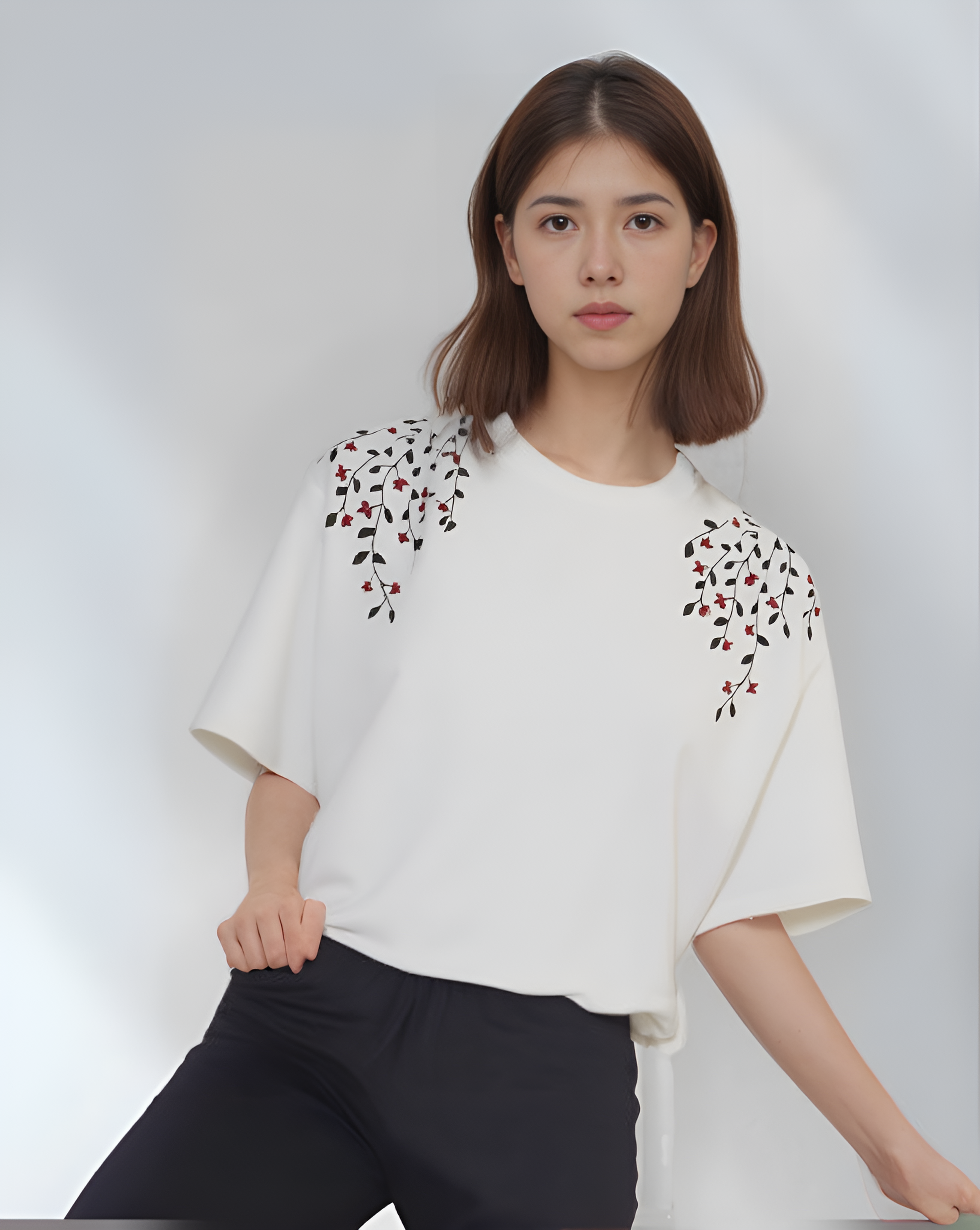 front profile of woman in floral vine embroidery T-shirt, highlighting delicate vines and blooming flower motifs in threadwork.