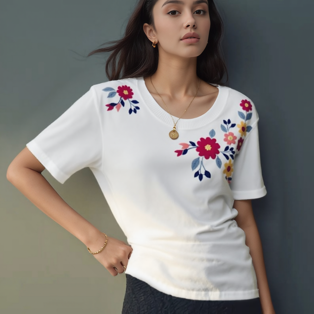 Petal Poise Floral Embroidered T-Shirt for Women – Vee Threads