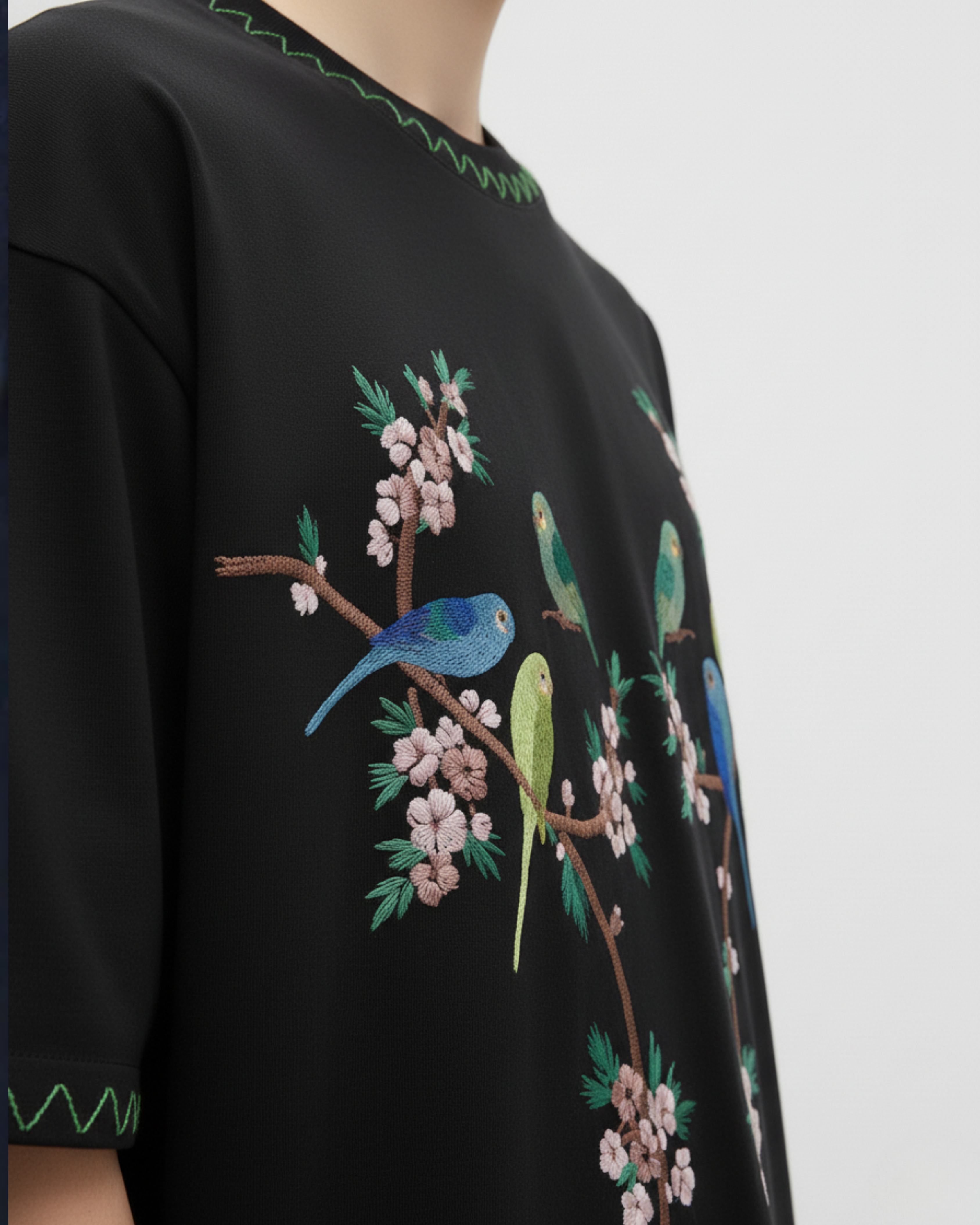 Black garment with colorful bird and floral embroidery on a plain background