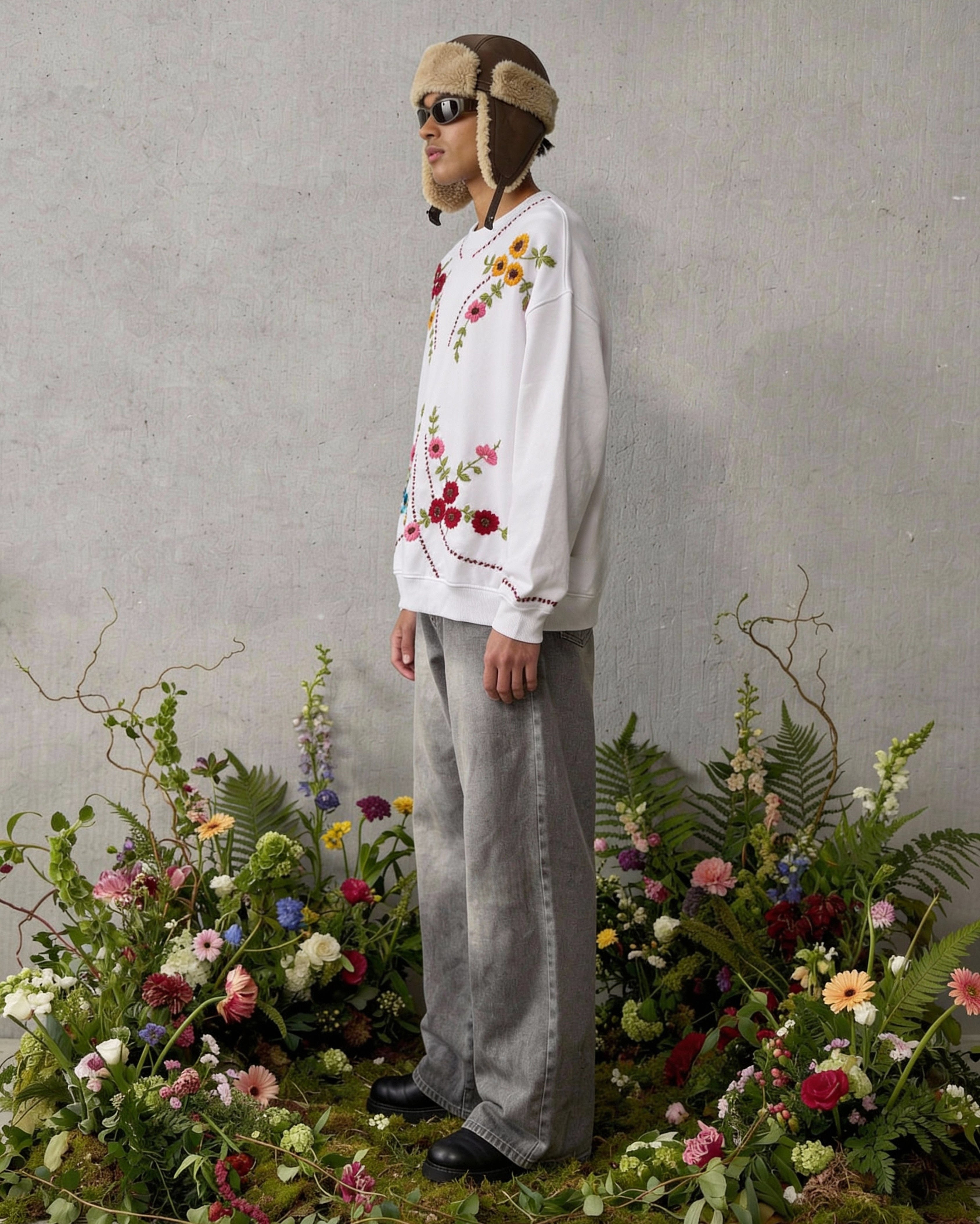 Person wearing a white floral embroidered shirt and gray pants standing among flowers and plants against a gray wall.