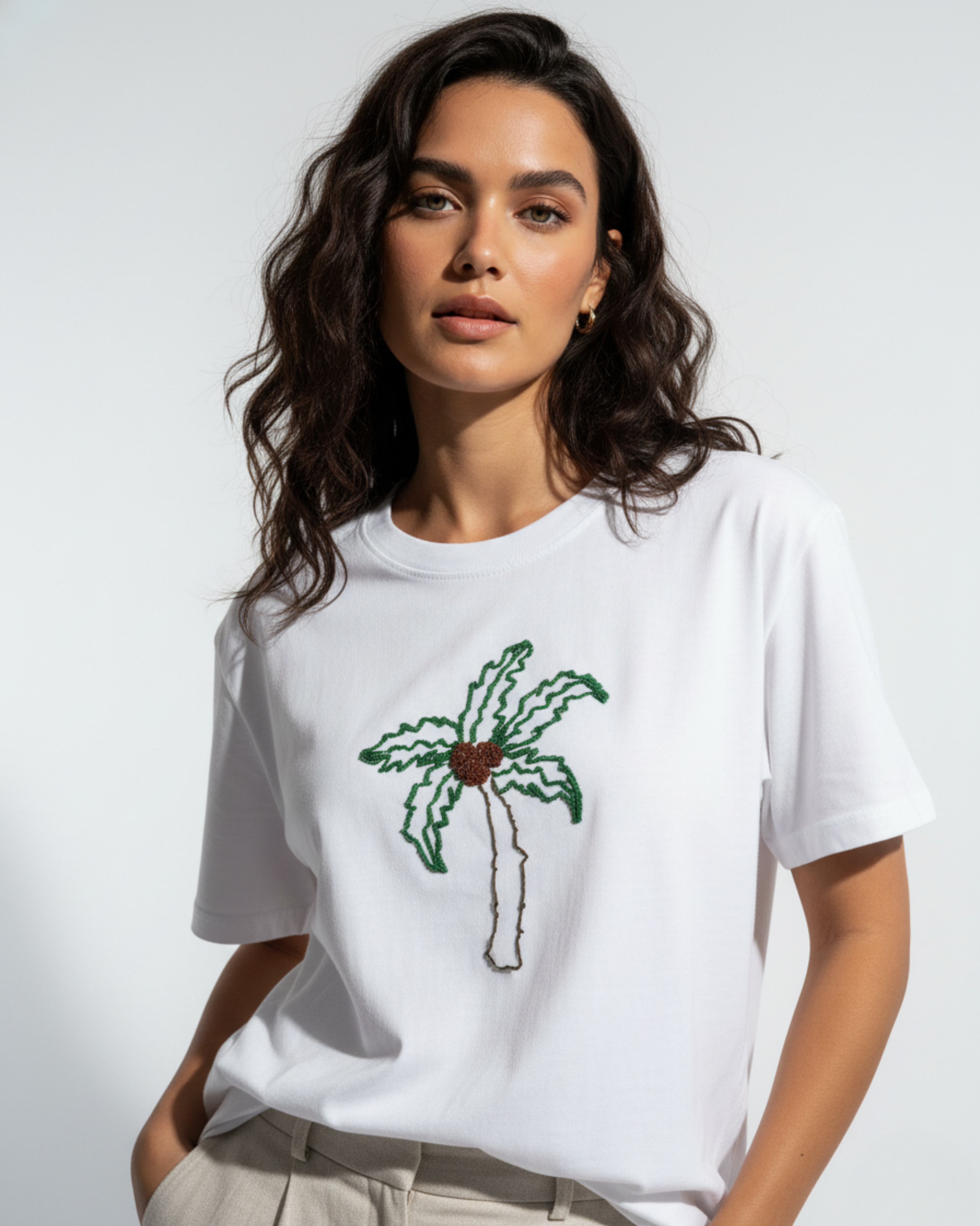Hand-Embroidered Bead Palm Tree T-Shirt | Premium White Tee