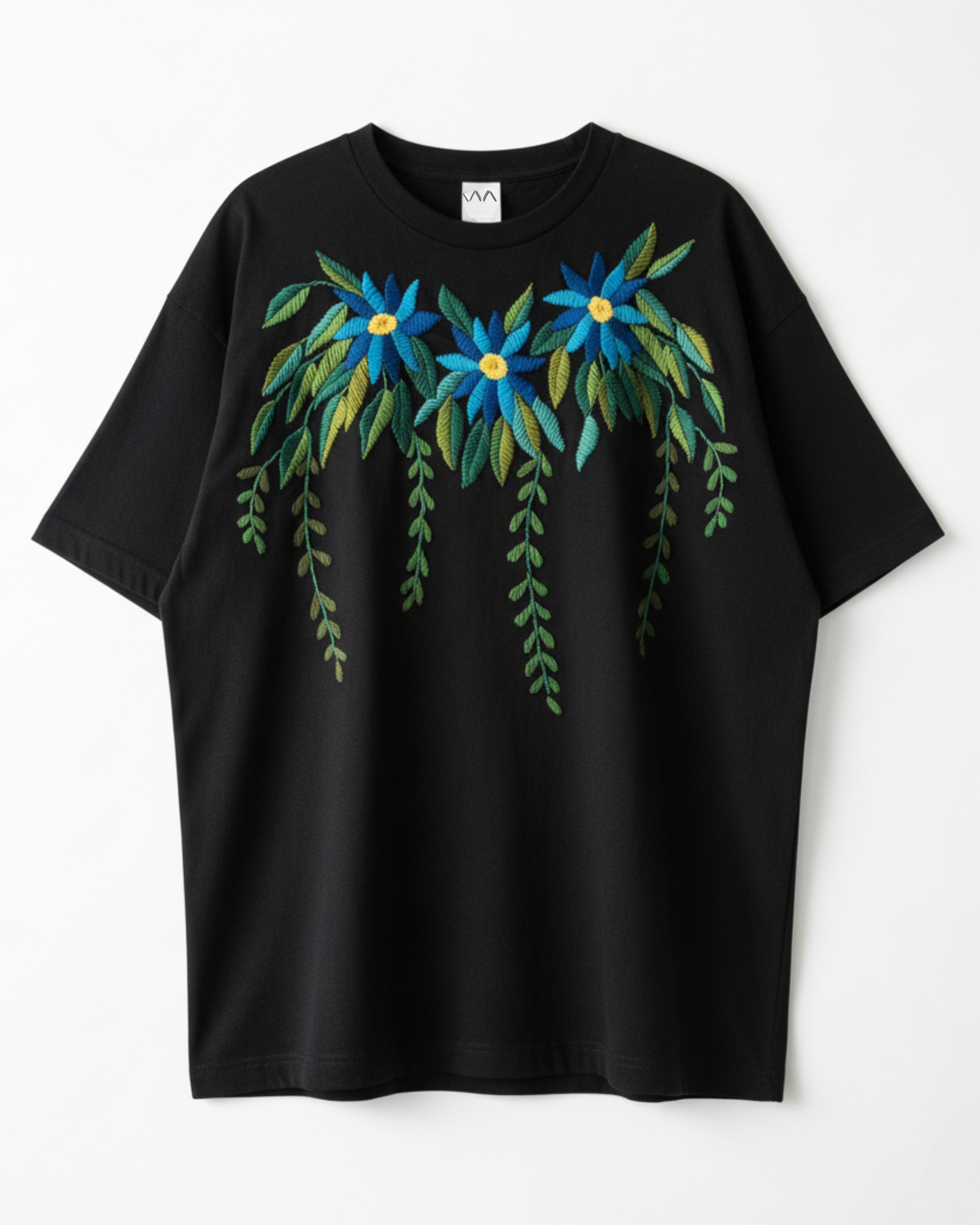 Black t-shirt with hand embroidered floral design on a white background