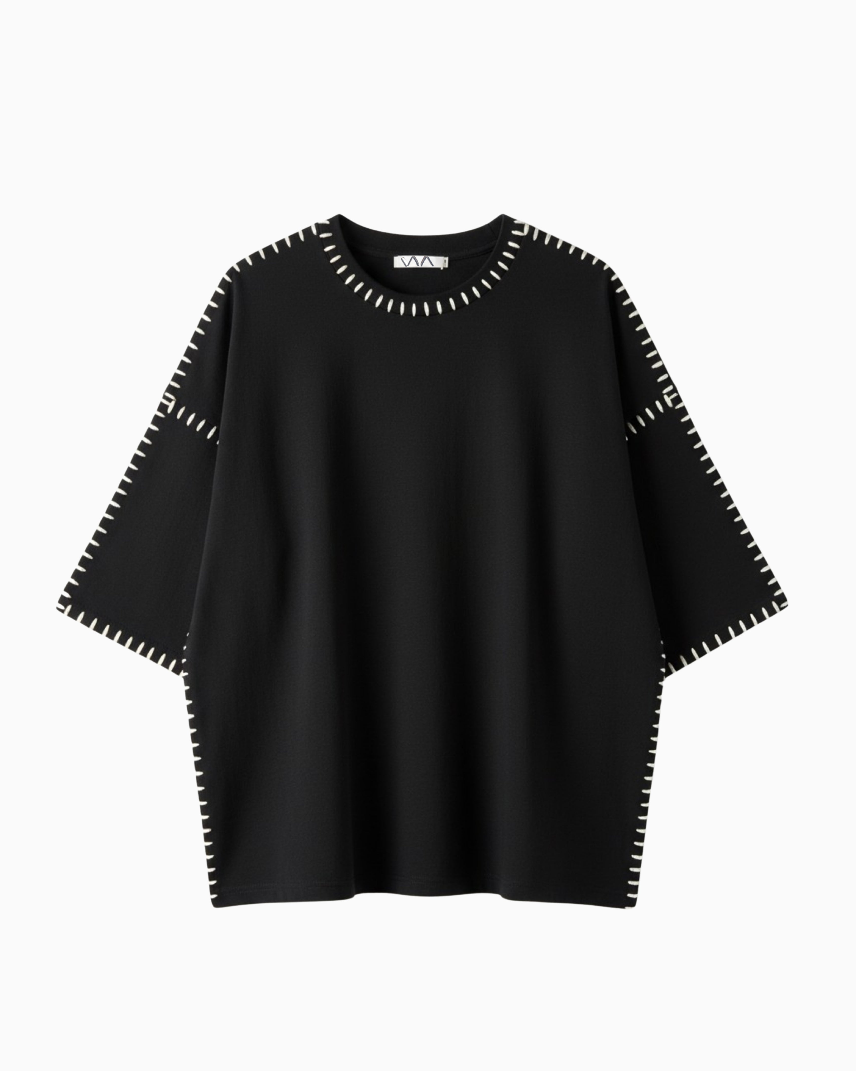 Black sweater with white trim on a white background