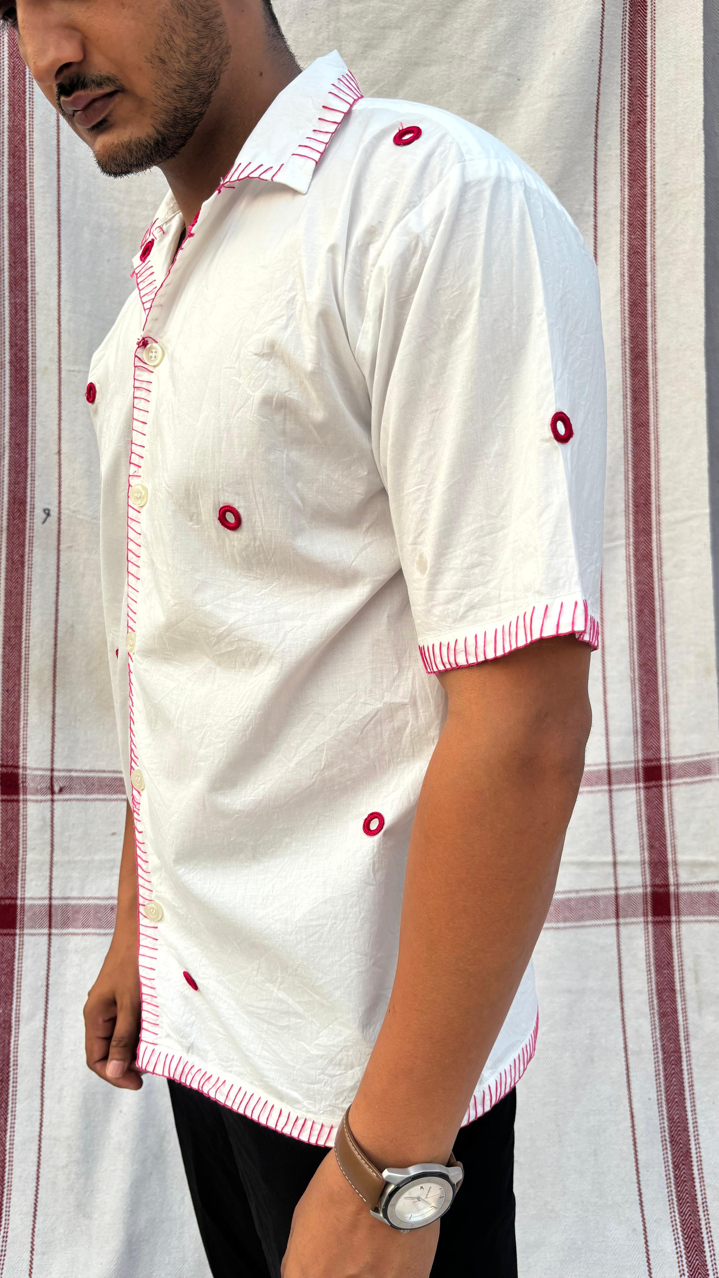 white hand embroidered shirt with mirror work for men, made from cotton with Cuban collar and relaxed fit – Indian artisanal clothing