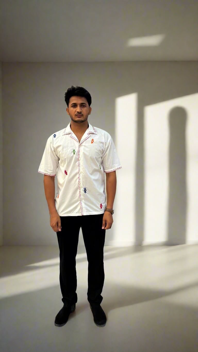 white hand embroidered shirt with mirror work for men, made from cotton with Cuban collar and relaxed fit – Indian artisanal clothing