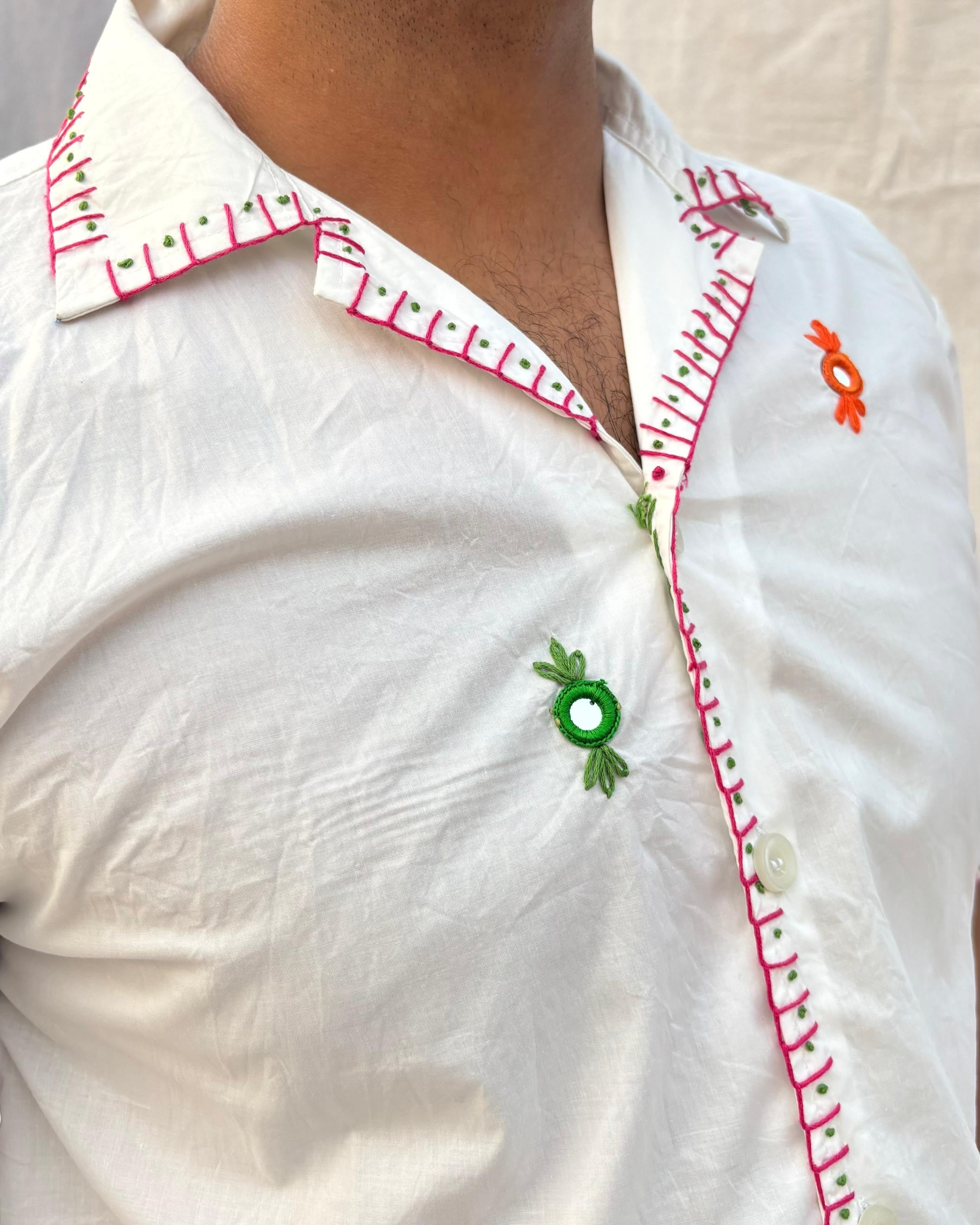 white hand embroidered shirt with mirror work for men, made from cotton with Cuban collar and relaxed fit – Indian artisanal clothing