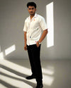 white hand embroidered shirt with mirror work for men, made from cotton with Cuban collar and relaxed fit – Indian artisanal clothing