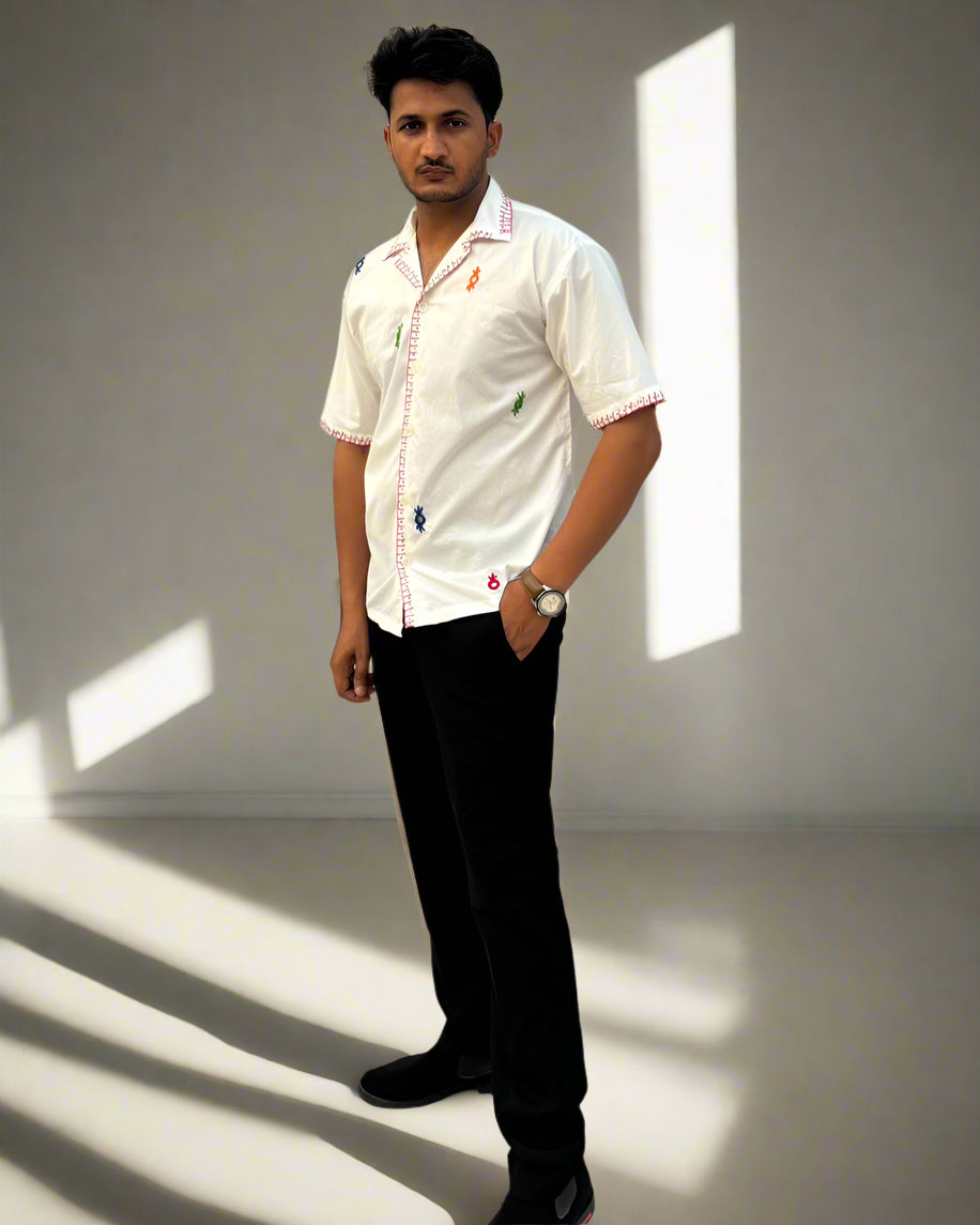 white hand embroidered shirt with mirror work for men, made from cotton with Cuban collar and relaxed fit – Indian artisanal clothing