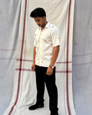 white hand embroidered shirt with mirror work for men, made from cotton with Cuban collar and relaxed fit – Indian artisanal clothing