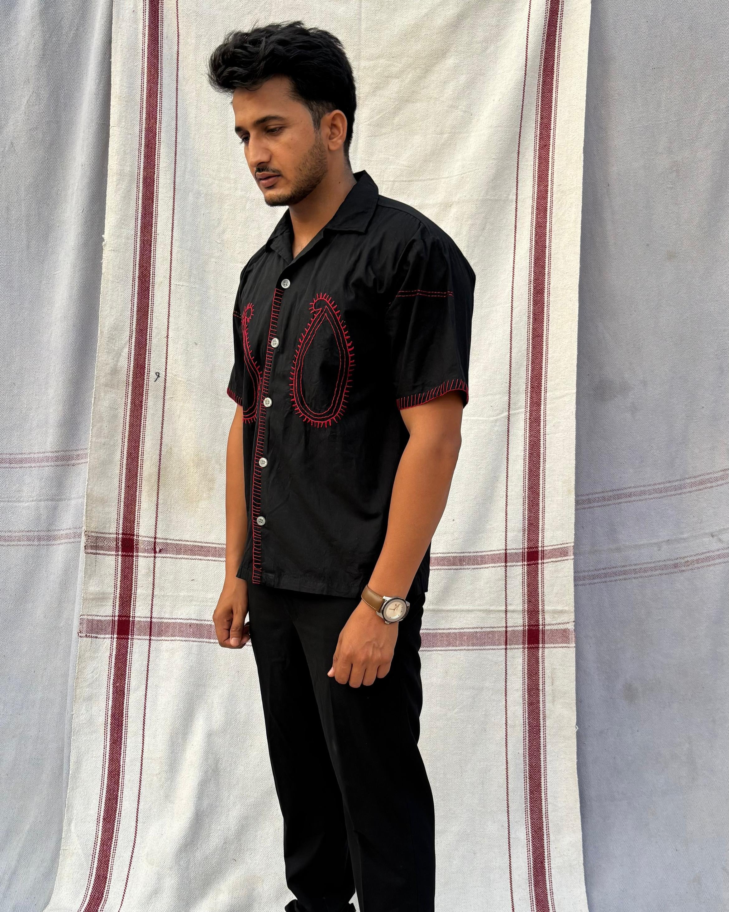 Paisley Embroidered Black Shirt – Hand-Stitched – Vee Threads