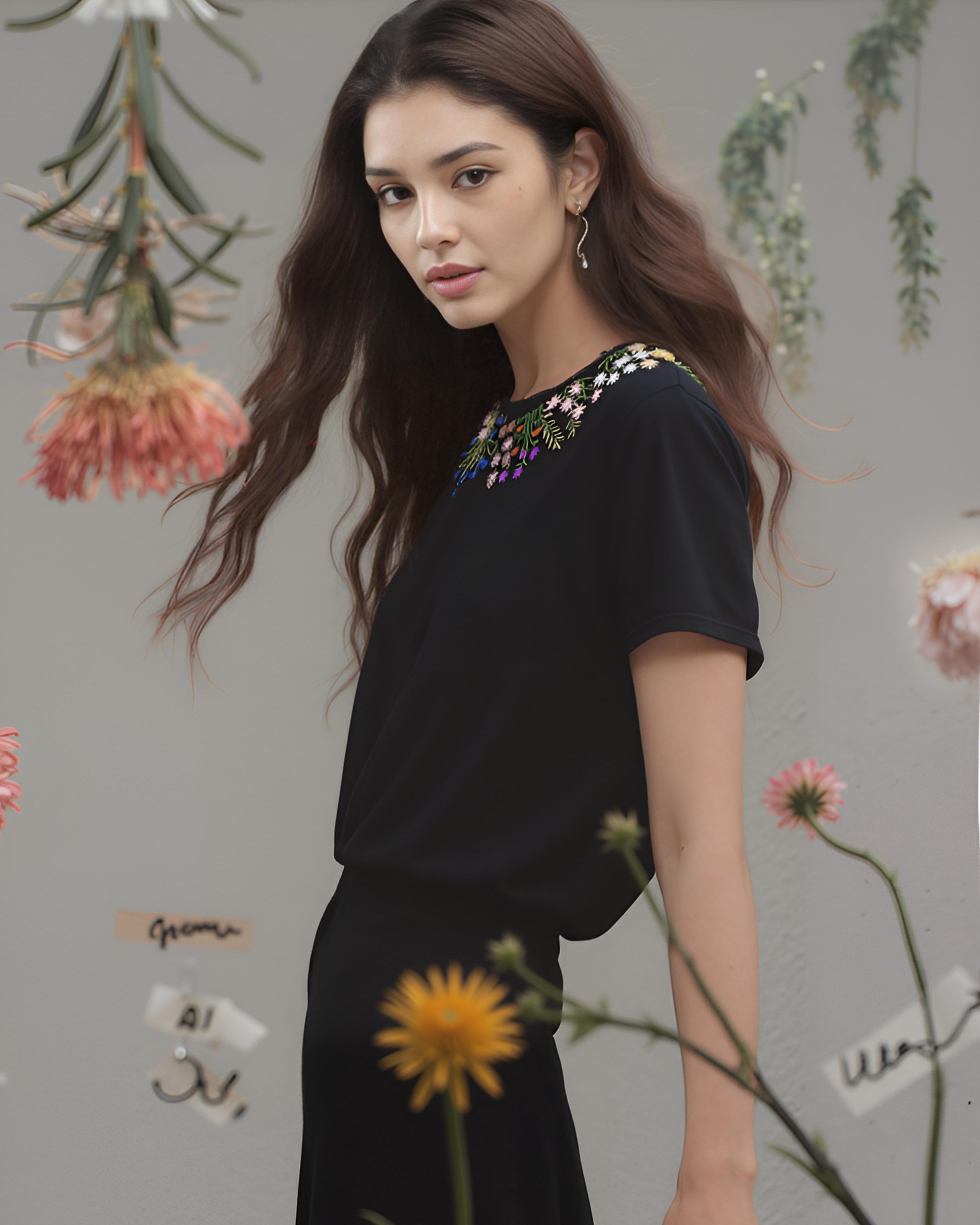 Woman wearing a black embroidered  with floral embellishments against a floral background